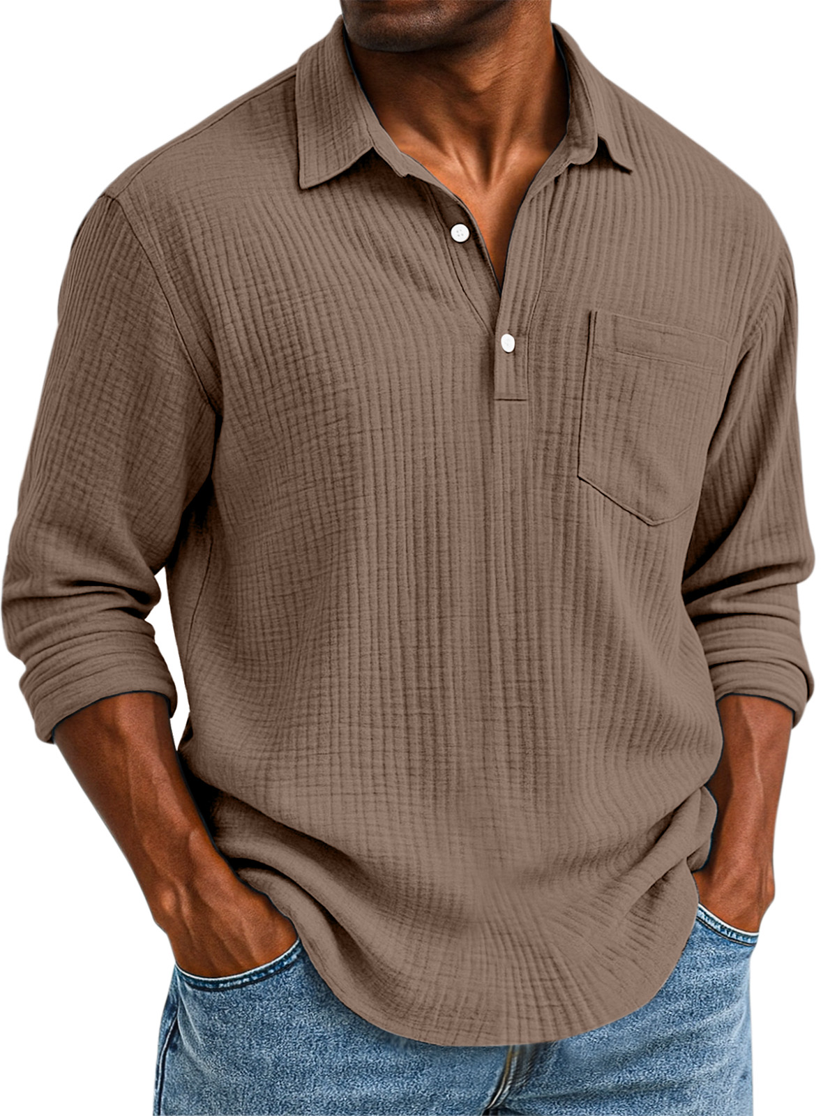 Herren Daily Casual Einfarbig Texturiertes Knopf Langarm Polohemd-deurabatt