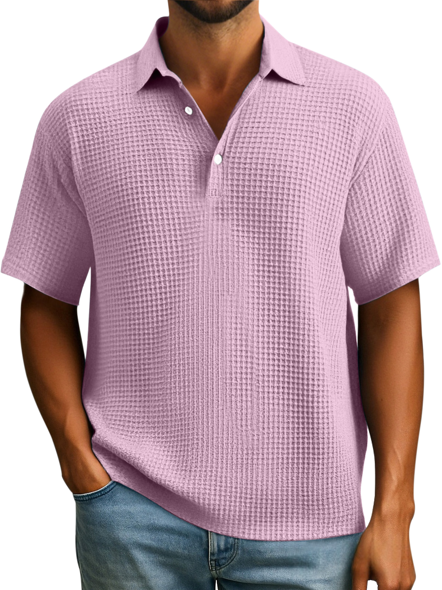 Herren Einfaches Alltags-Poloshirt mit Waffelknopf und Revers in einfarbigem Design mit kurzen Ärmeln-ZierMode