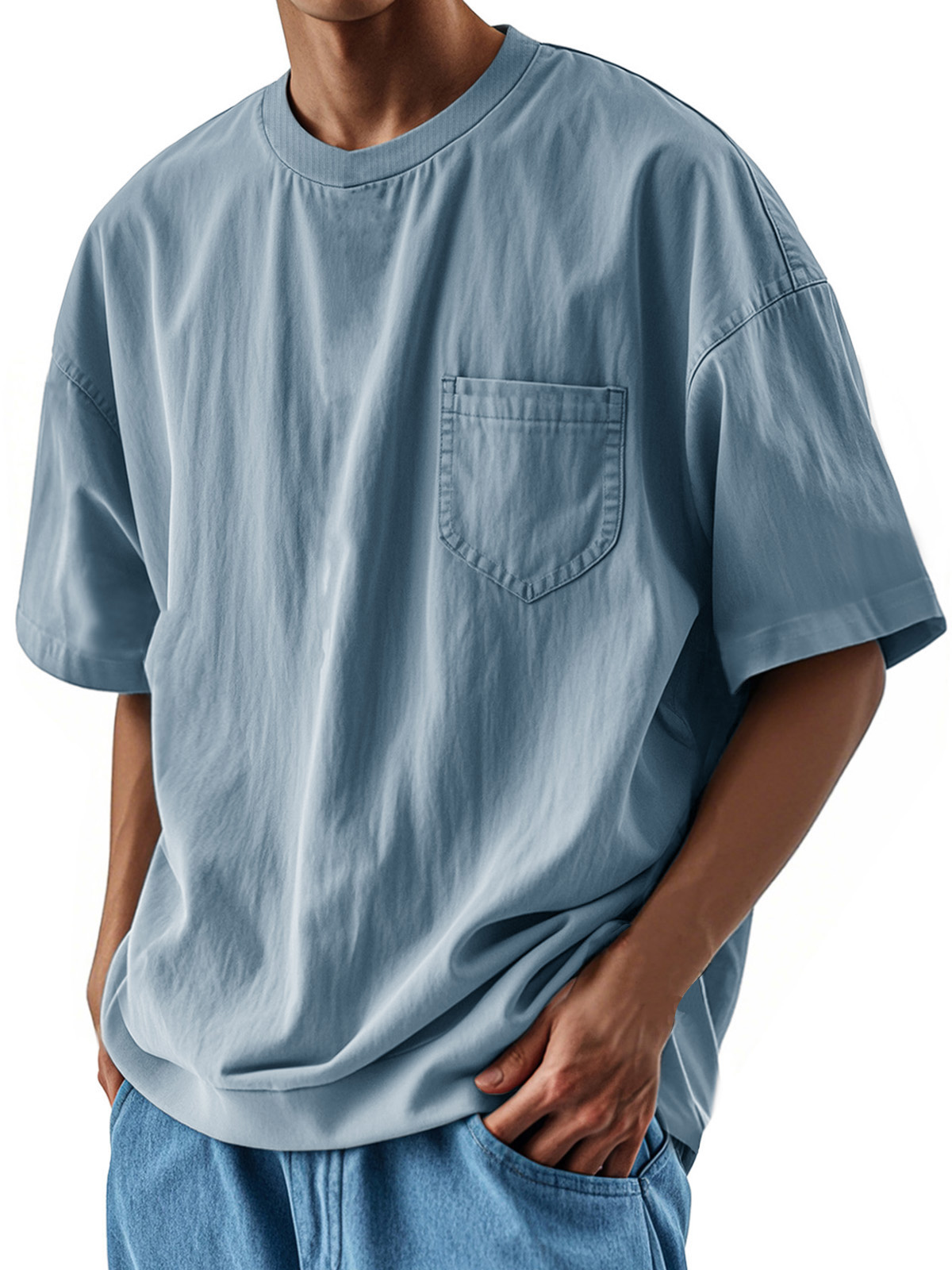 Herrenmode Lässiges Retro-Shirt Rundhals Tasche Kurzarm T-deurabatt