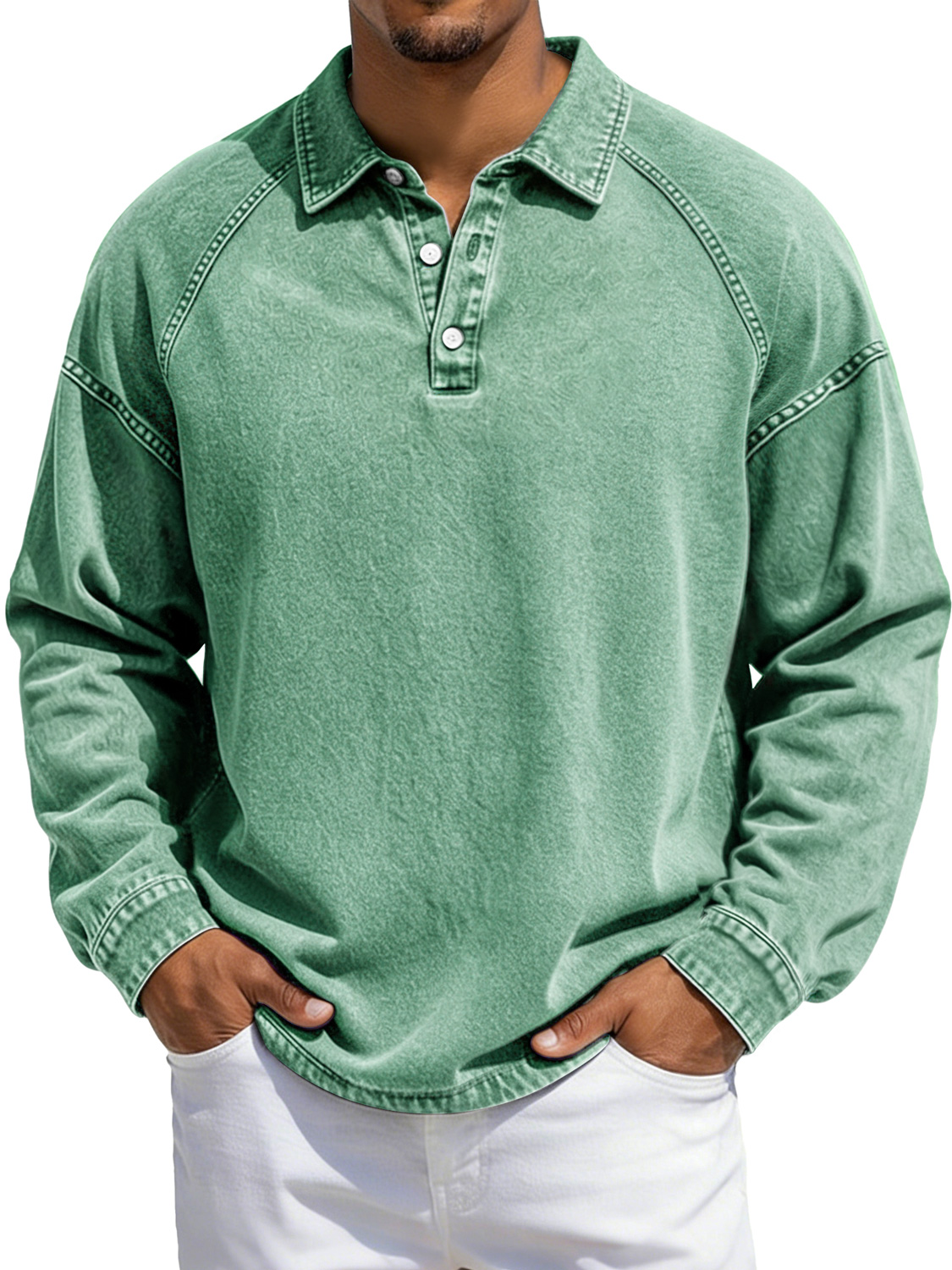 Herren Vintage-Stil Revers Knopf-auf Raglan Ärmel Freizeit Langarm Polo-Shirt-deurabatt