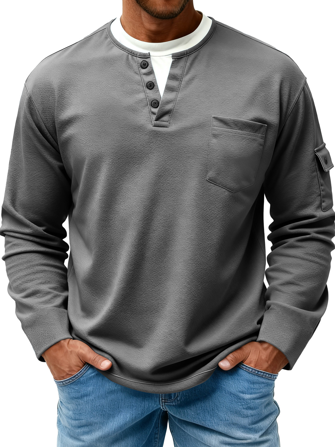 Herren T-Shirt mit doppeltem Kragen, faux Zweiteiler, lässig, langärmlig, mit Seitentaschen-ZierMode