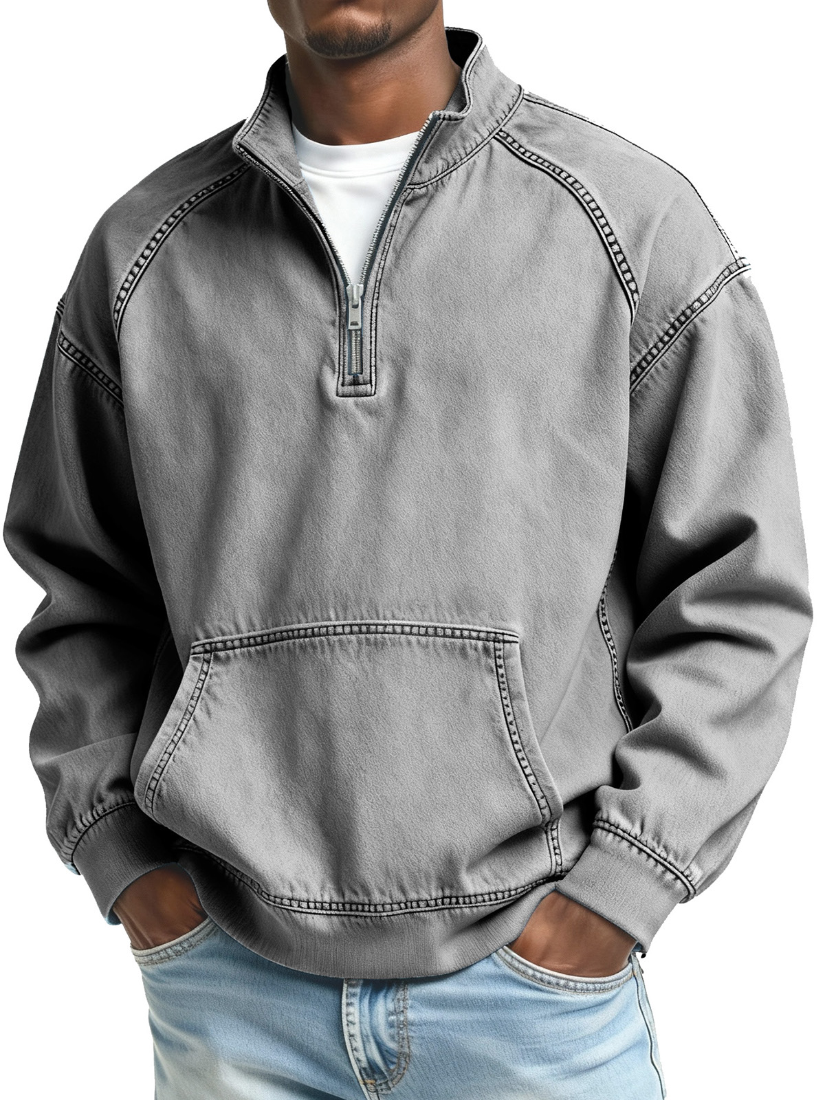 Herren Mode Retro Stehkragen Raglan Tasche Langarm Oberteil-deurabatt