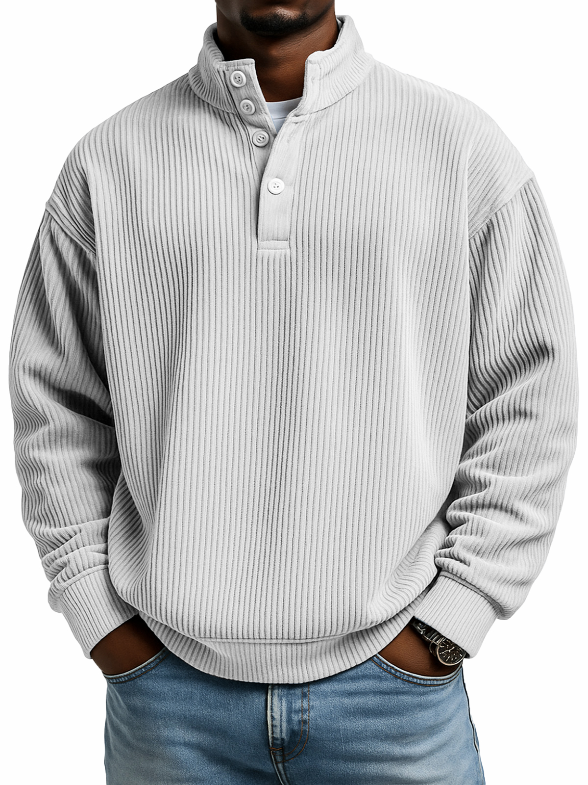 Einfacher lässiger einfarbiger vertikaler gerippter Textur mit vier Knöpfen Stehkragen Langarm-Sweatshirt-ZierMode
