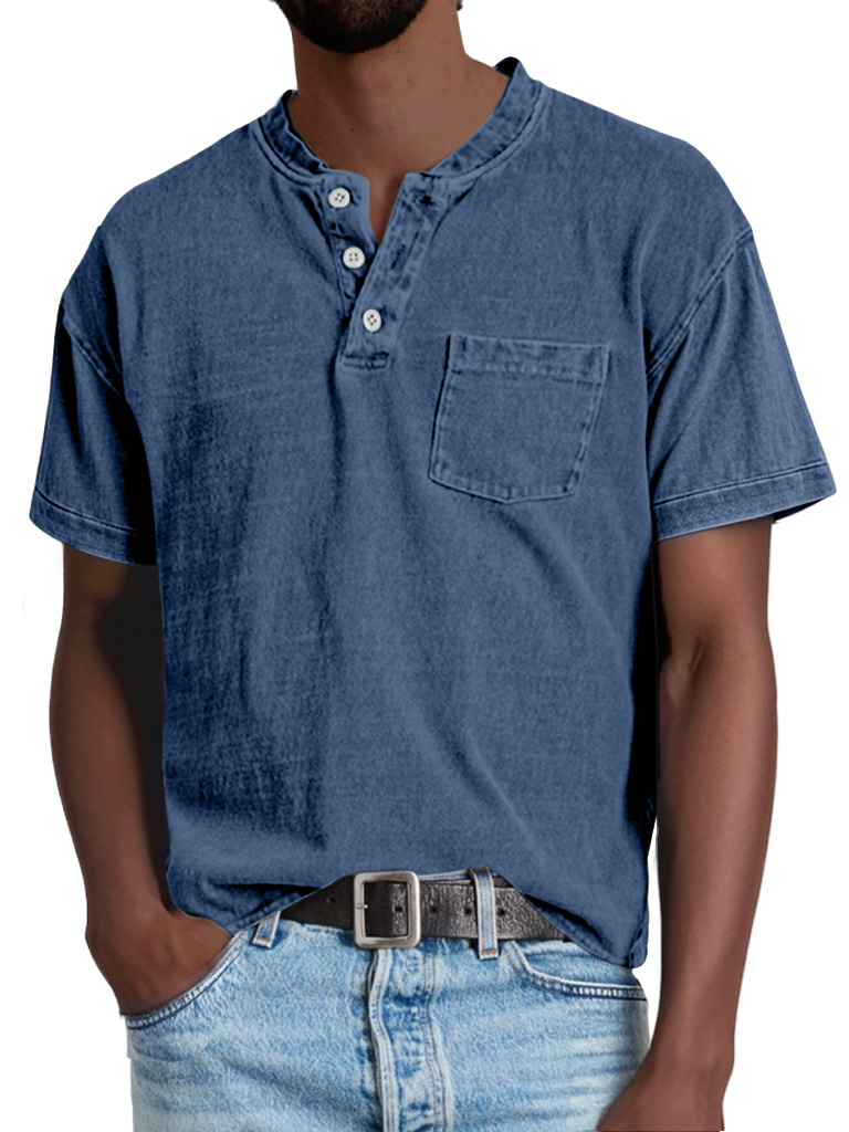 Herren Retro Freizeit Einfarbige Taschen Kurzarm Henley Shirt-deurabatt