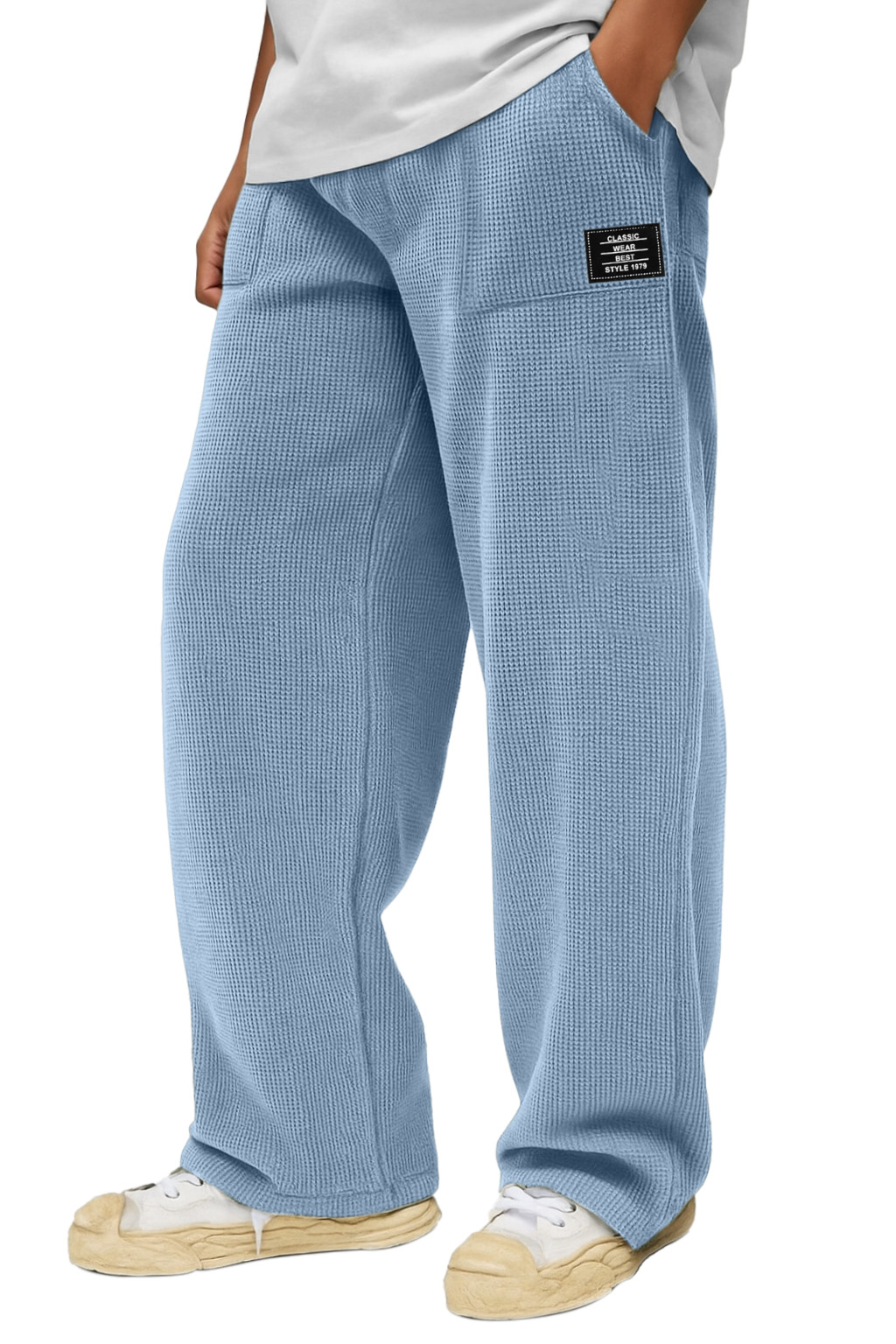 Herren Freizeit Einfarbige Waffel Taschen Lockere Hose-deurabatt