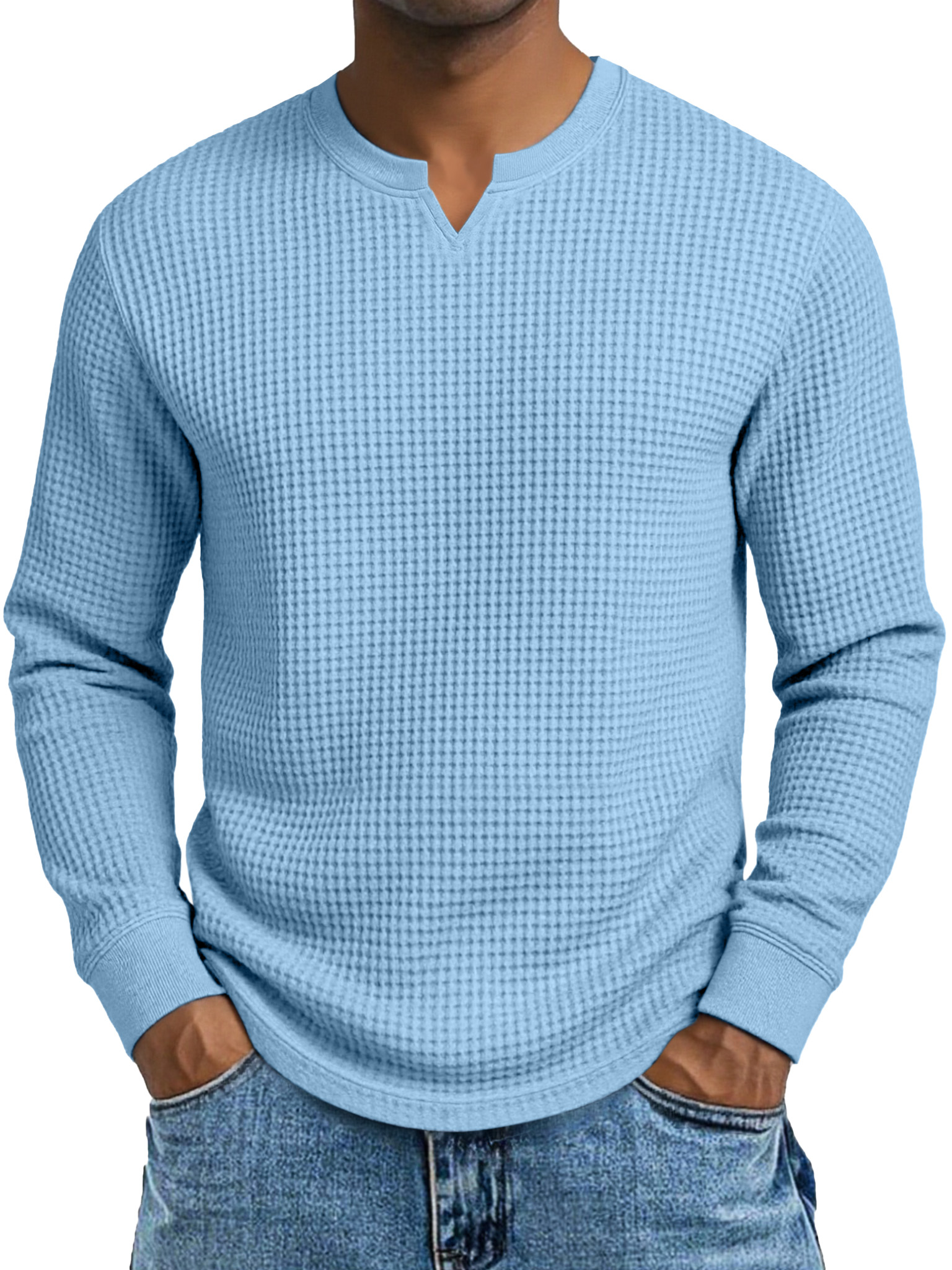 Herren Einfaches Lässiges Waffelkleid Kleiner V-Ausschnitt Langarm T-Shirt-deurabatt