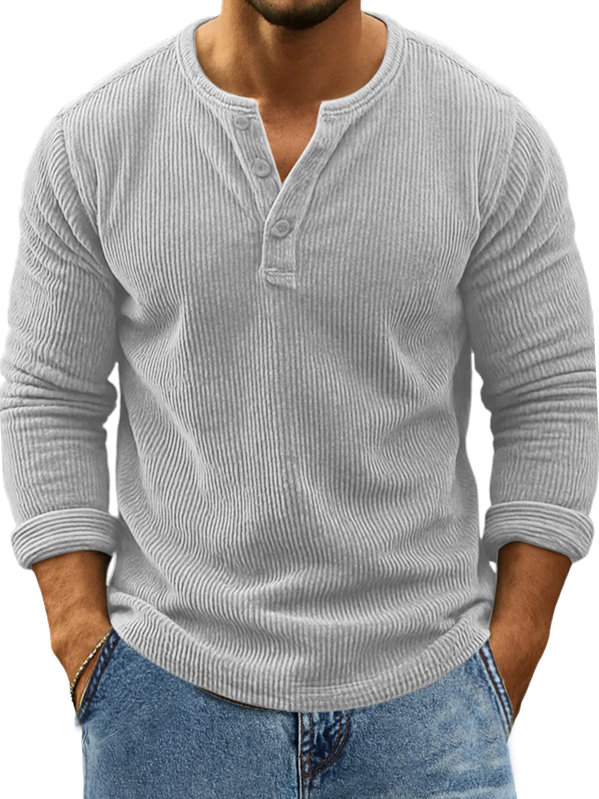 Herren Retro Alltag Einfarbig Vertikale Pit Streifen Langarm Henley Shirt-deurabatt