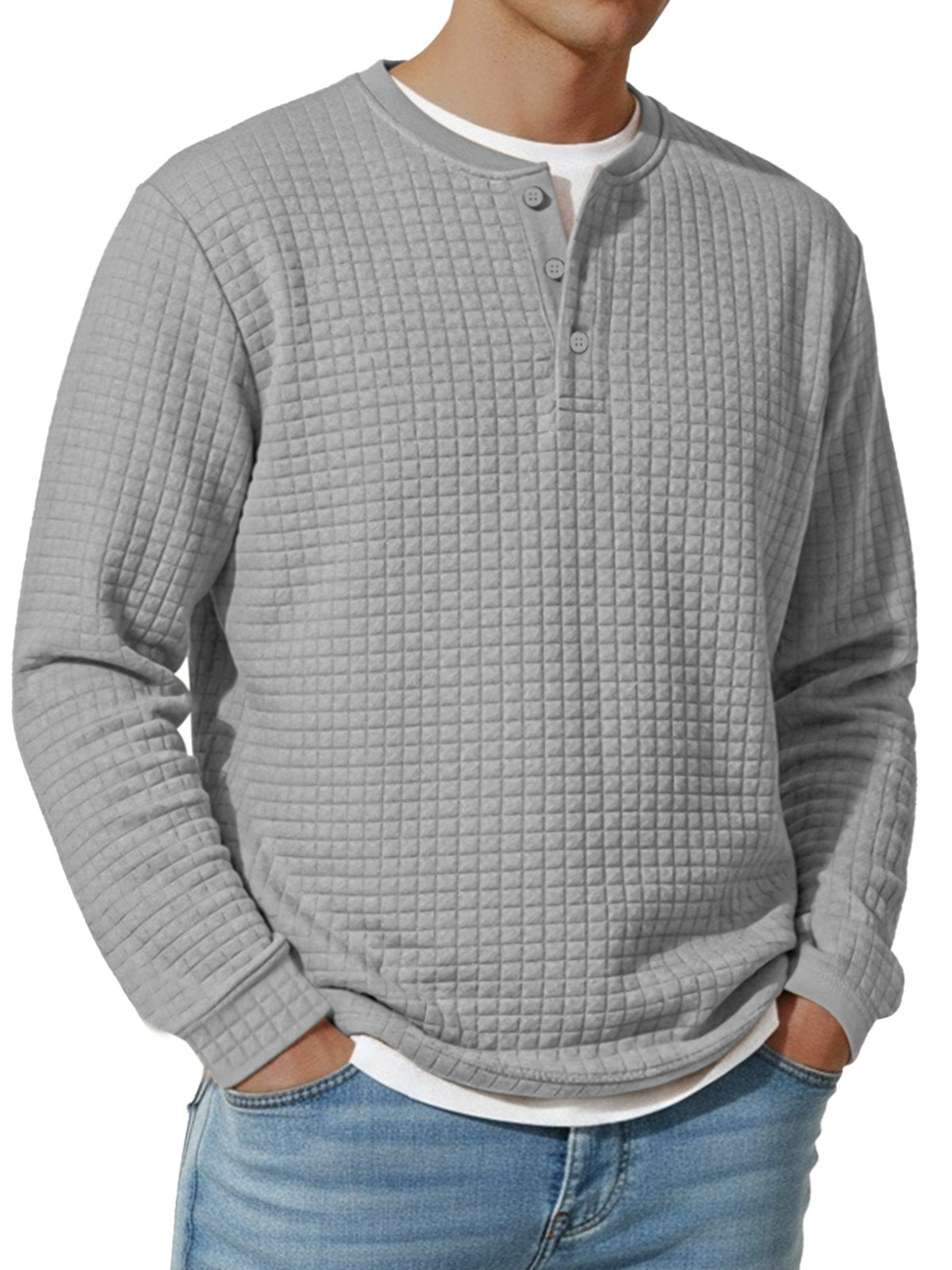 Herren Jacquard Waffel Knopf Henley Langarm Vintage Unterhemd T-Shirt-deurabatt