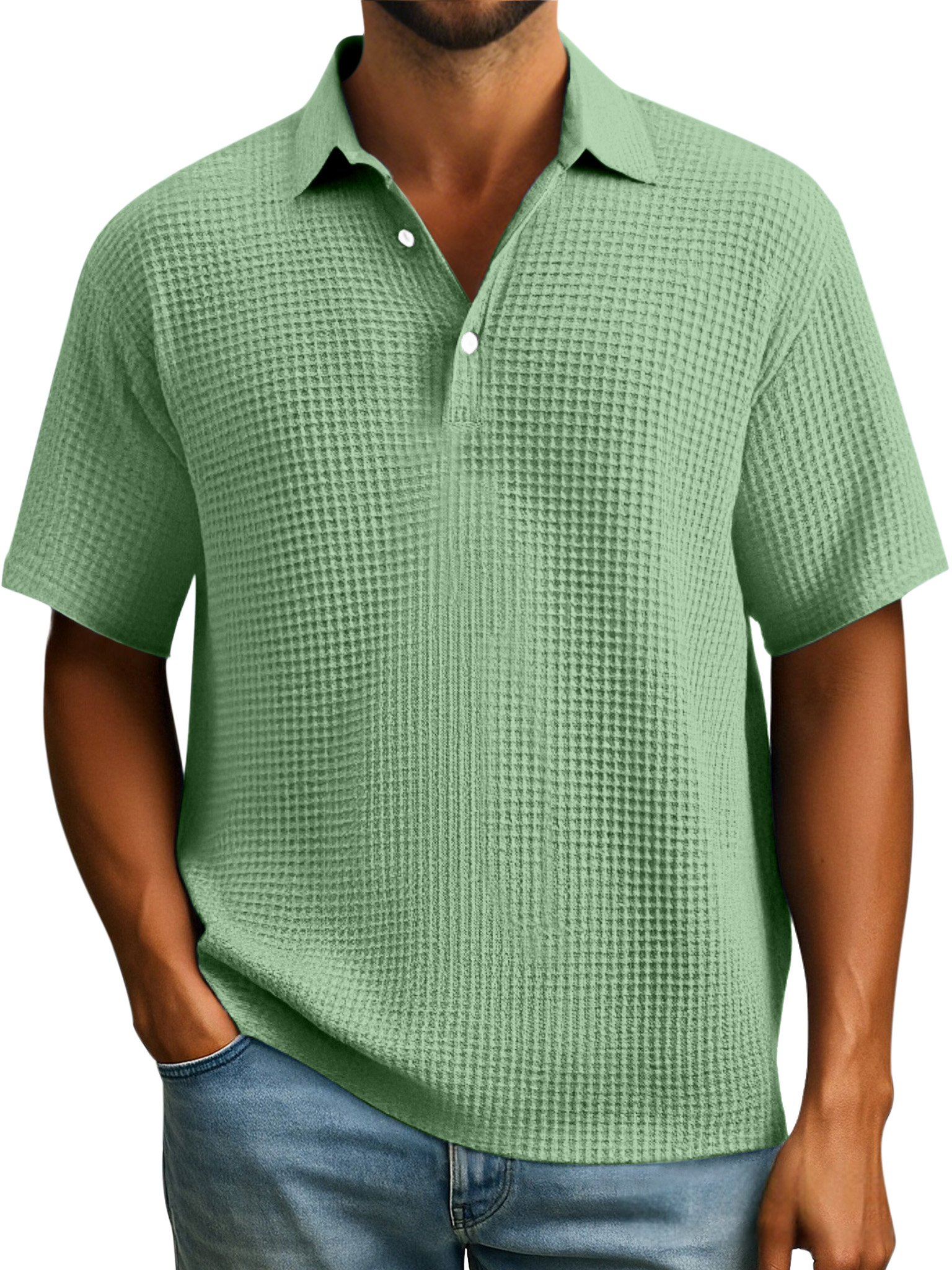 Herren Einfaches Alltags-Poloshirt mit Waffelknopf und Revers in einfarbigem Design mit kurzen Ärmeln-ZierMode