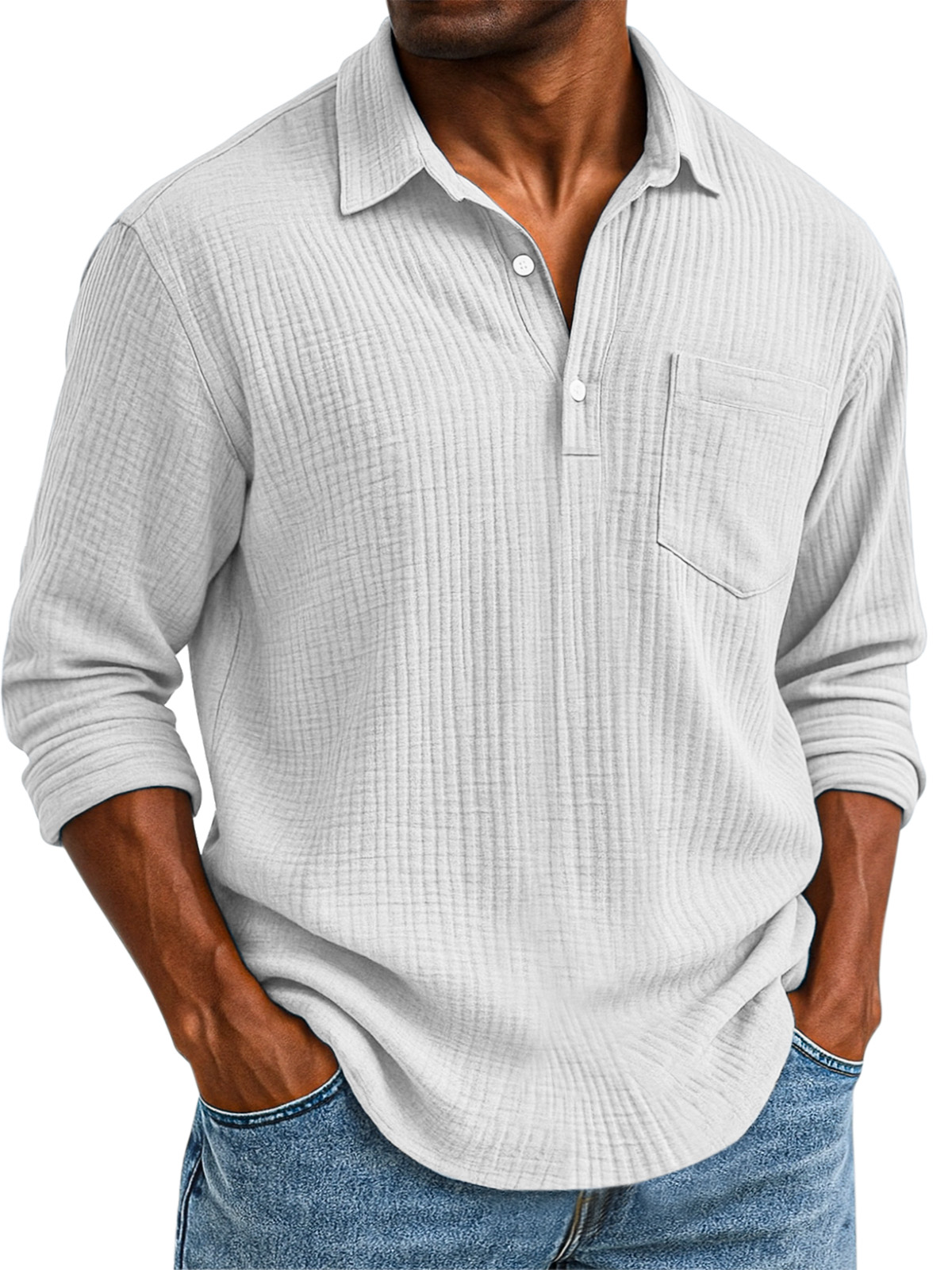 Herren Daily Casual Einfarbig Texturiertes Knopf Langarm Polohemd-deurabatt