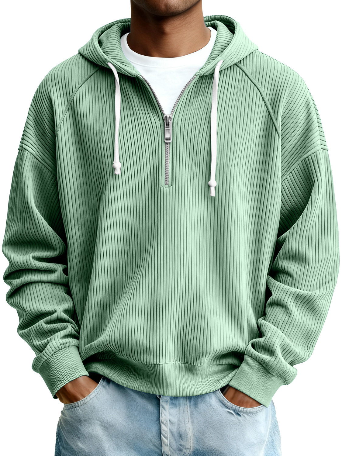 Herren Einfaches Rippstrick Reißverschluss Kapuzen Sweatshirt-deurabatt