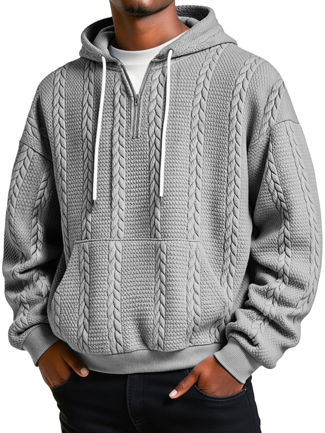 Herren Jacquard-Textur Freizeit Reißverschluss Kapuzenpullover locker-deurabatt