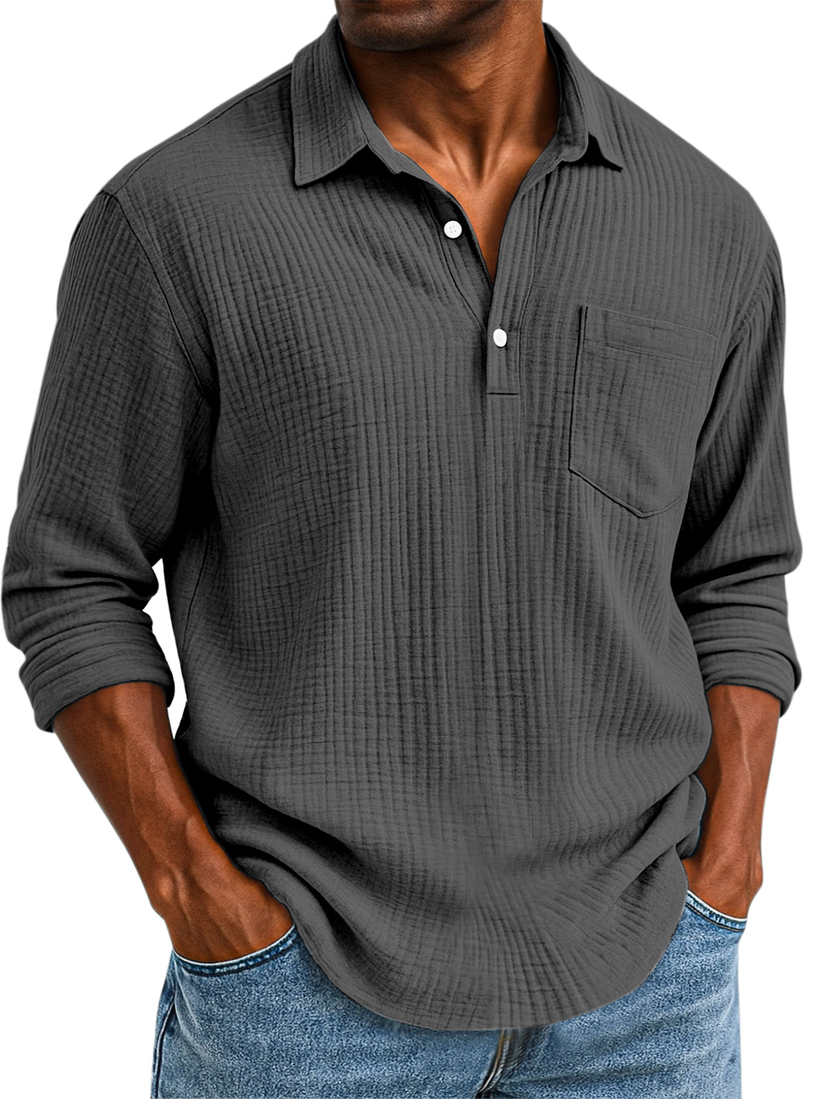 Herren Daily Casual Einfarbig Texturiertes Knopf Langarm Polohemd-deurabatt