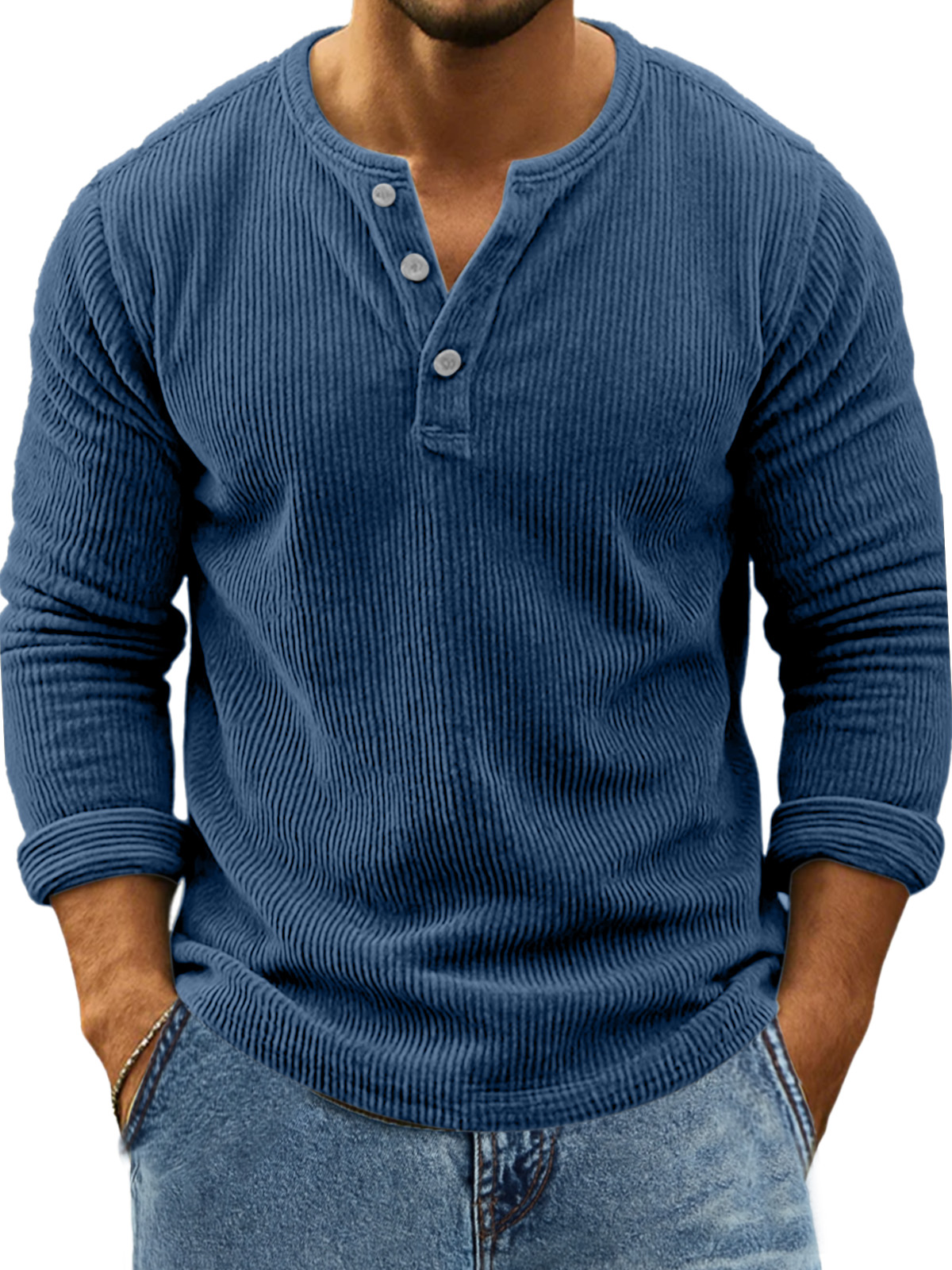 Herren Retro Alltag Einfarbig Vertikale Pit Streifen Langarm Henley Shirt-deurabatt