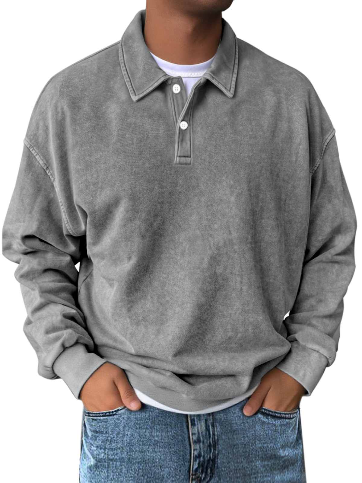 Herren Retro Einfach Einfarbig Revers Knopf Langarm Sweatshirt-deurabatt