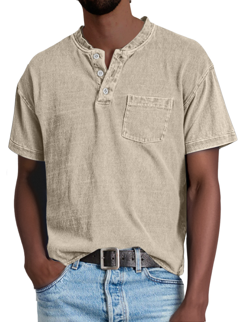 Herren Retro Freizeit Einfarbige Taschen Kurzarm Henley Shirt-deurabatt