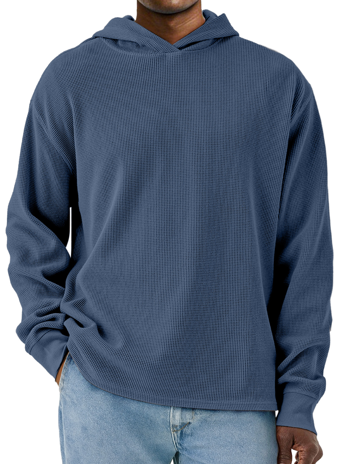Herren Einfacher Unifarbener Waffel Langarm Kapuzenpullover-deurabatt