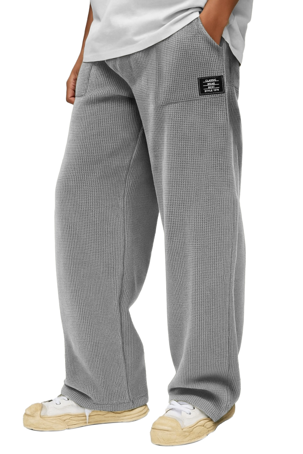 Herren Freizeit Einfarbige Waffel Taschen Lockere Hose-deurabatt