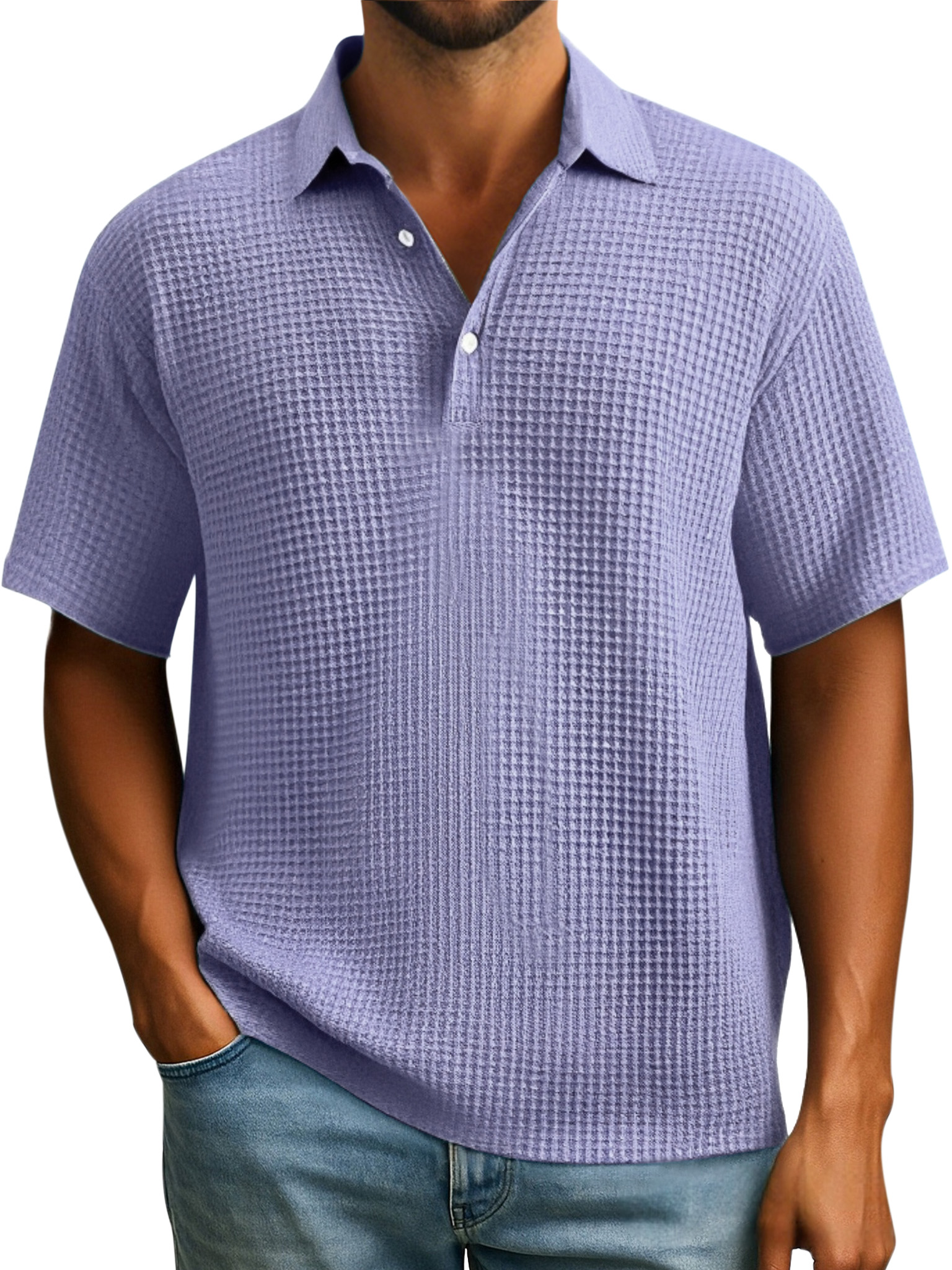 Herren Einfaches Alltags-Poloshirt mit Waffelknopf und Revers in einfarbigem Design mit kurzen Ärmeln-ZierMode