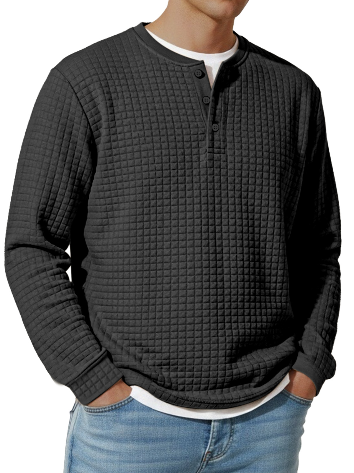 Herren Jacquard Waffel Knopf Henley Langarm Vintage Unterhemd T-Shirt-deurabatt