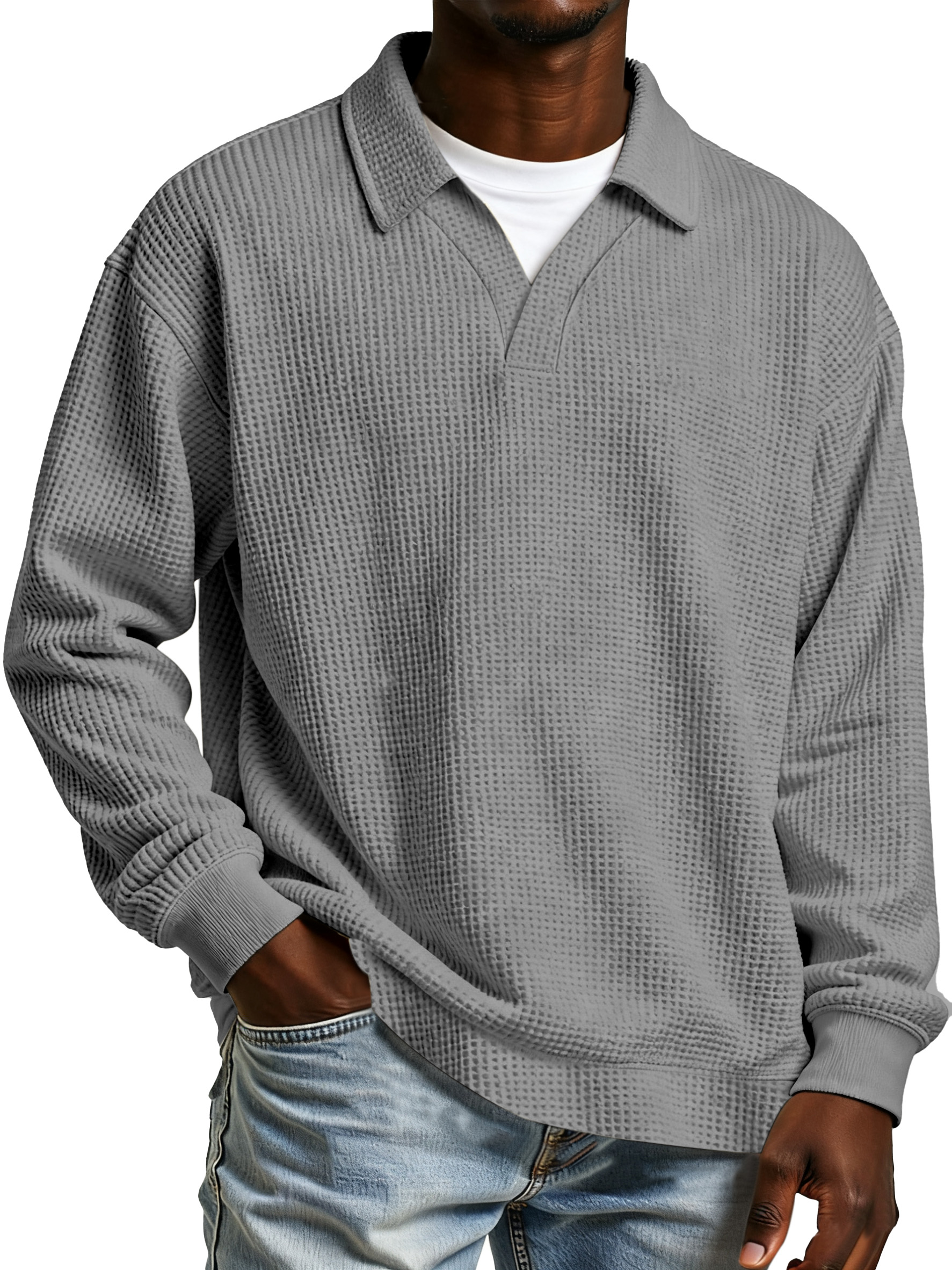 Herren Freizeit Poloshirt mit einfarbigem Waffelmuster, Fake-Zweiteiler, mit Revers und langen Ärmeln-ZierMode