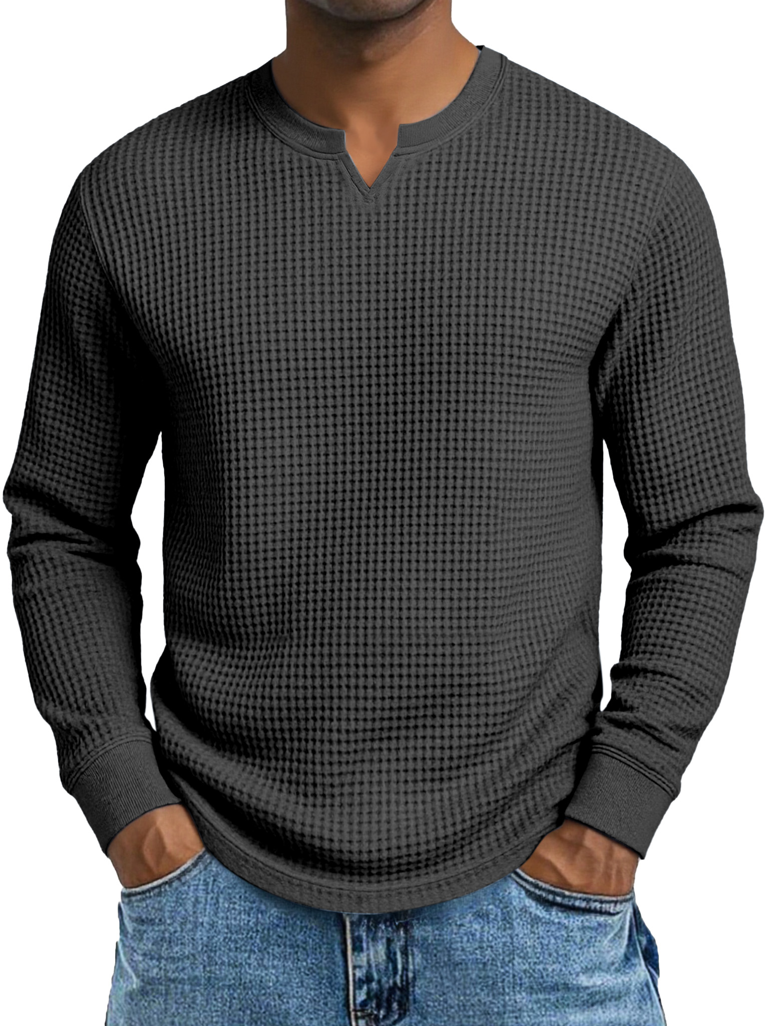Herren Einfaches Lässiges Waffelkleid Kleiner V-Ausschnitt Langarm T-Shirt-deurabatt