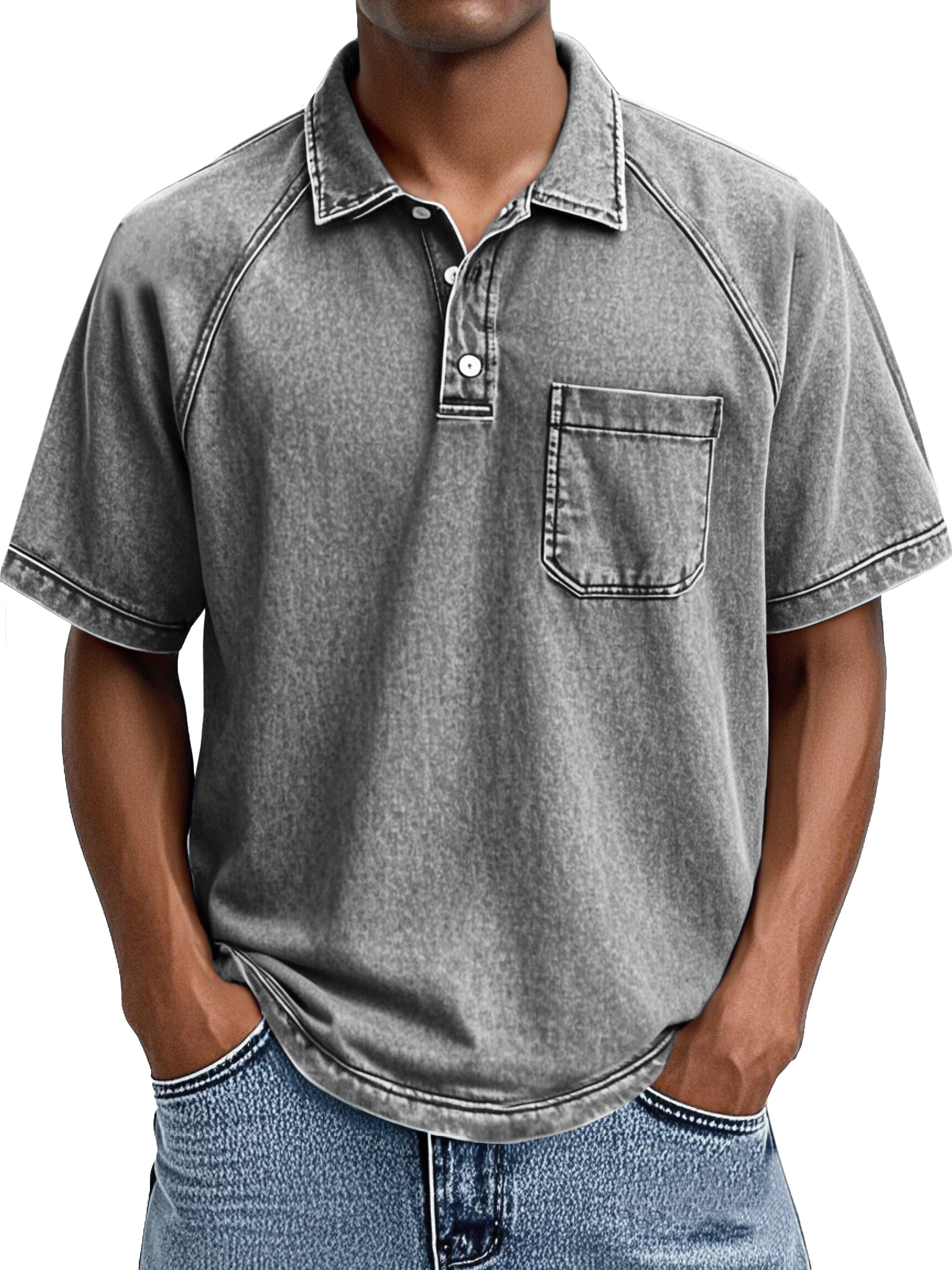 Herren Retro Freizeit Kragen Raglan Kurzarm Polohemd-deurabatt