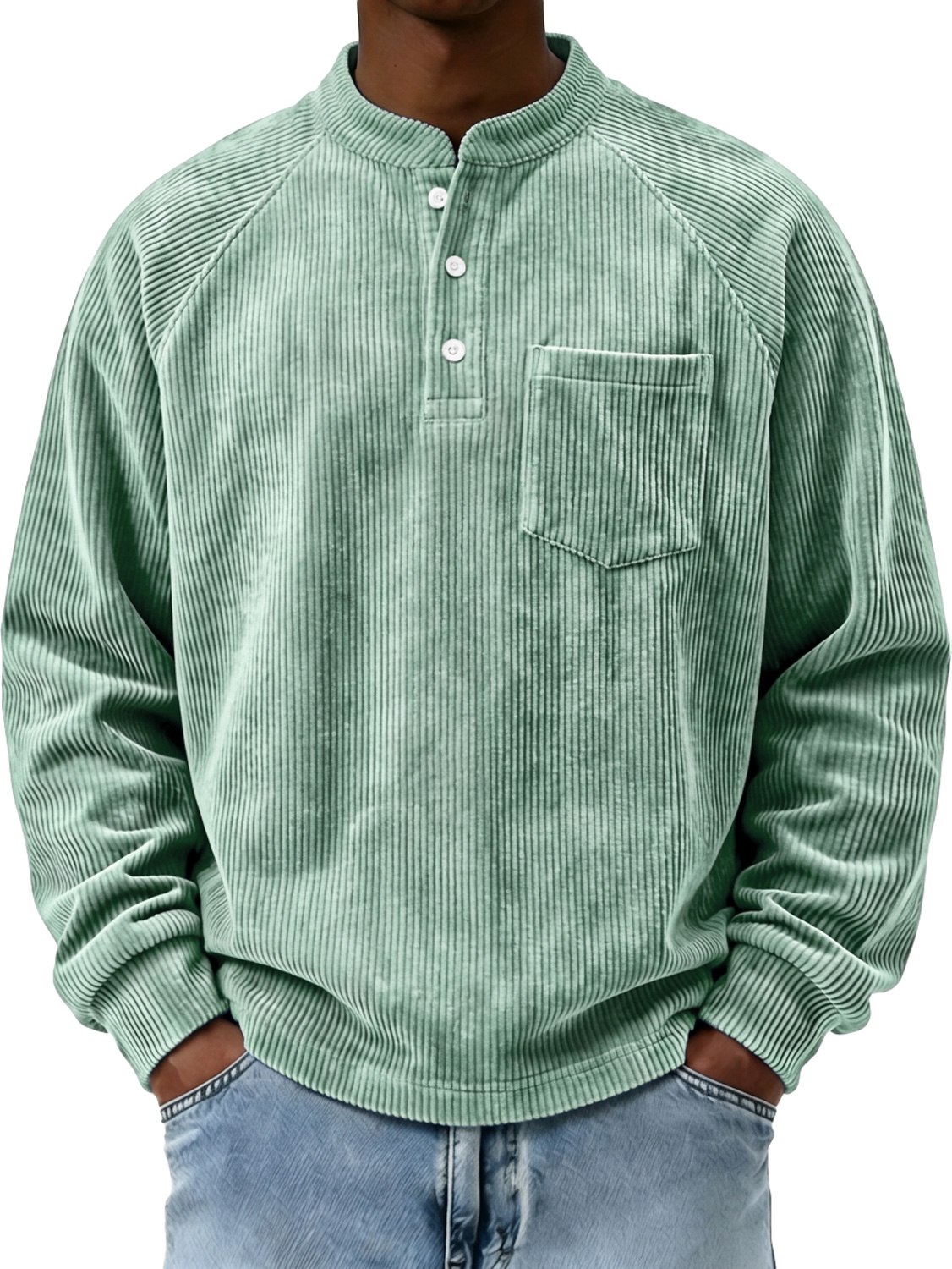 Herren Vintage Corduroy Stehkragen Knopf-up Raglanärmel Freizeitshirt mit Taschen-deurabatt