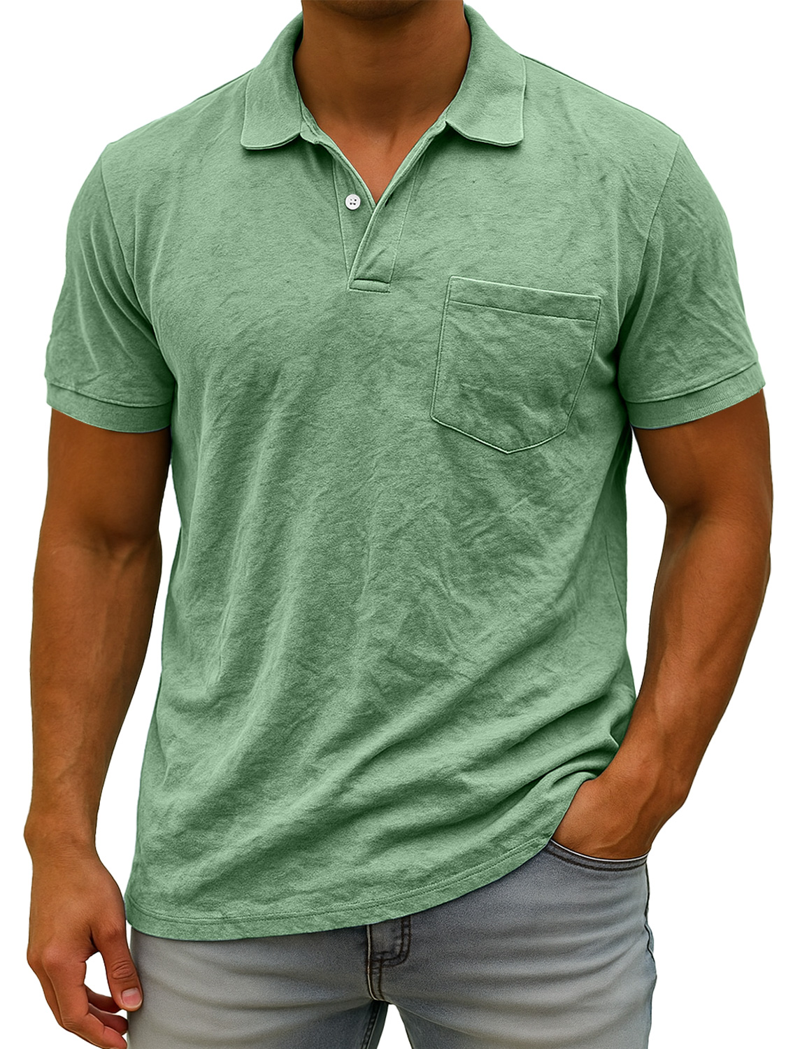 Herren Daily Wildleder Freizeit Revers Tasche Komfort Kurzarm POLO Hemd-deurabatt