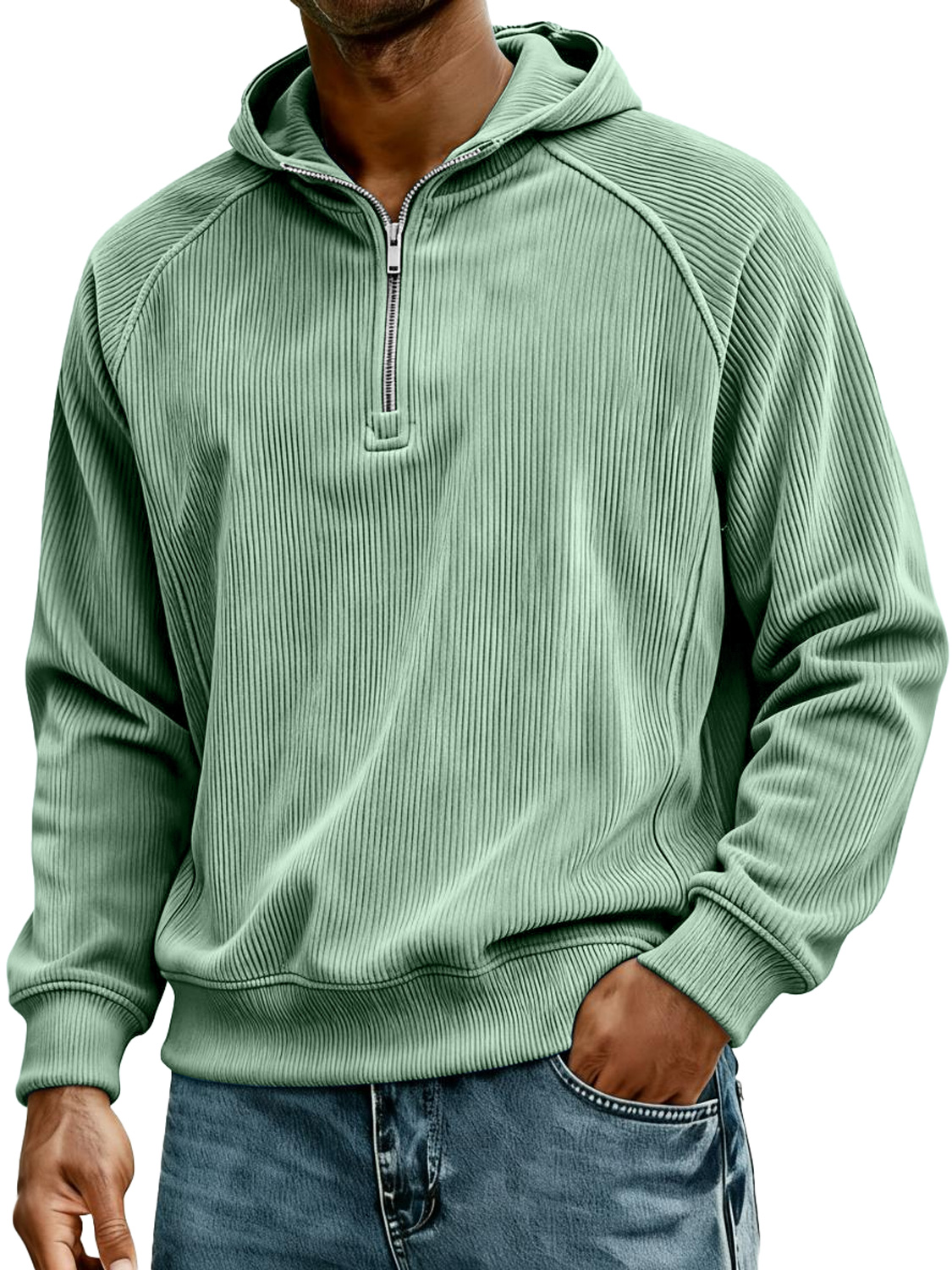 Herren Retro Corduroy Raglan Kapuzenpullover mit Reißverschluss-deurabatt