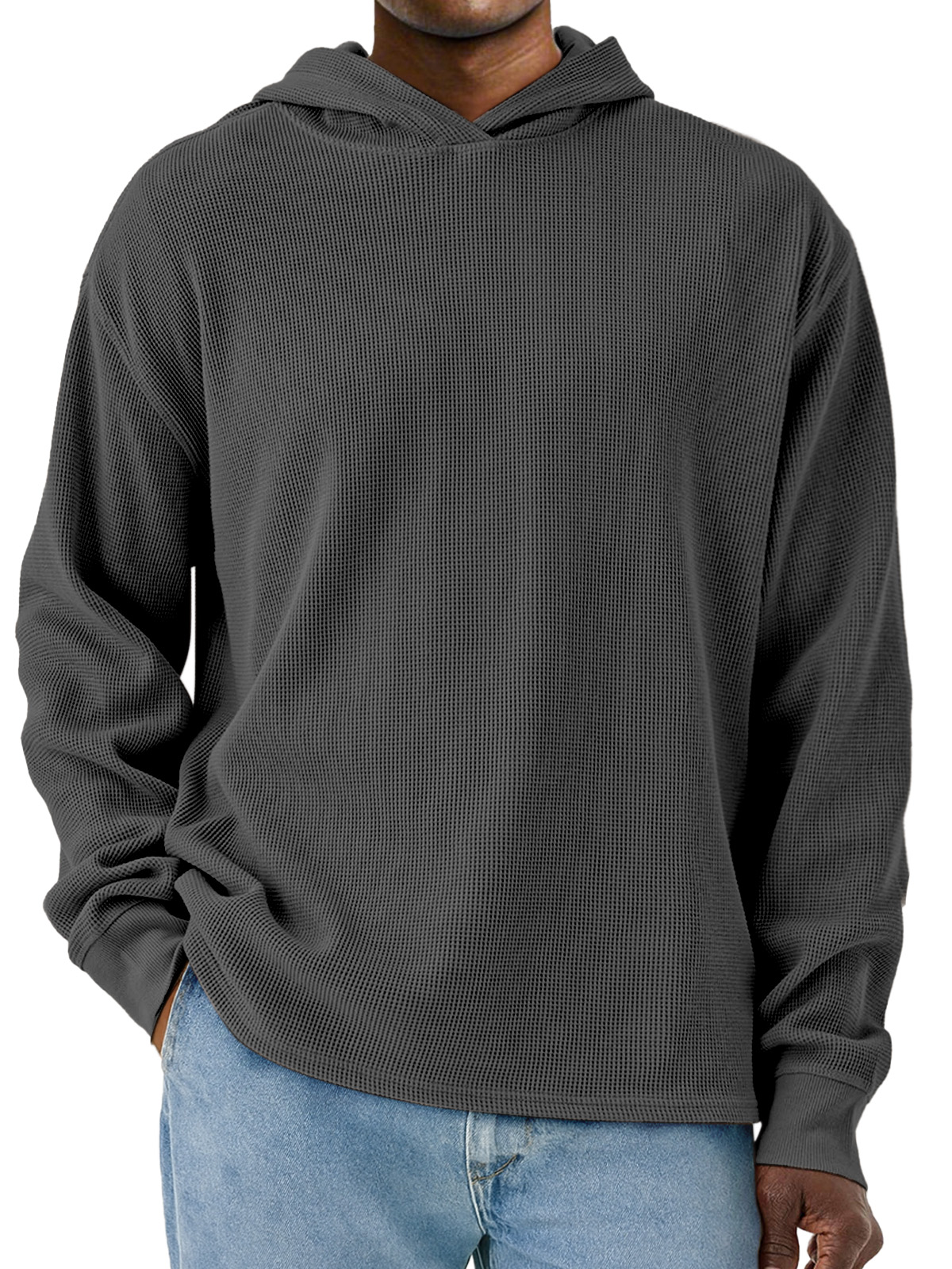 Herren Einfacher Unifarbener Waffel Langarm Kapuzenpullover-deurabatt