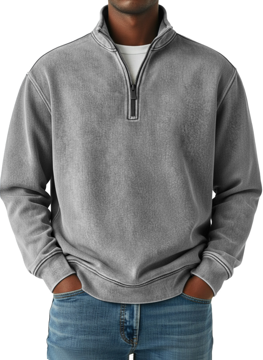 Herren Retro Einfarbiger Viertelreißverschluss Langarm Polo-Shirt-deurabatt