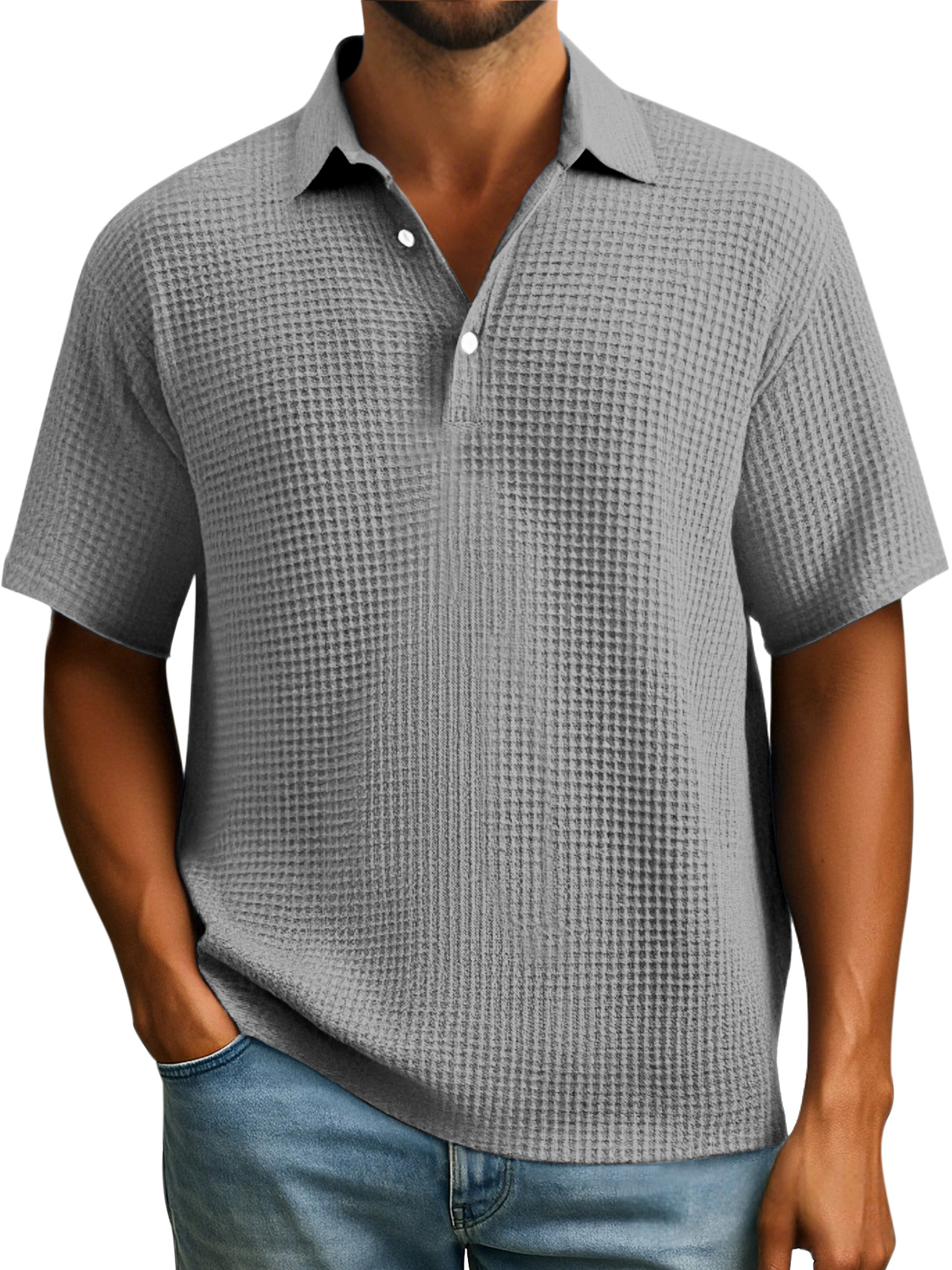 Herren Einfaches Alltags-Poloshirt mit Waffelknopf und Revers in einfarbigem Design mit kurzen Ärmeln-ZierMode