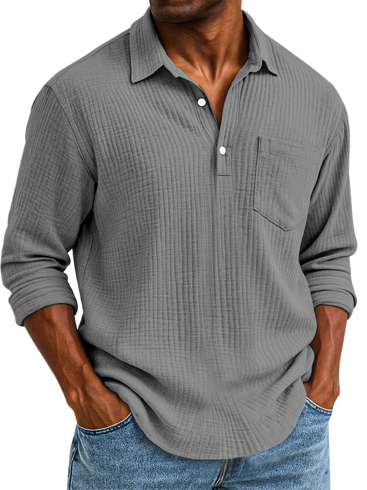 Herren Daily Casual Einfarbig Texturiertes Knopf Langarm Polohemd-deurabatt