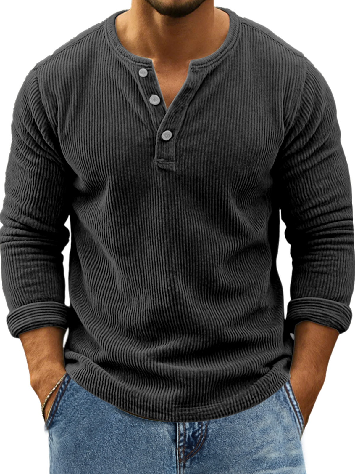 Herren Retro Alltag Einfarbig Vertikale Pit Streifen Langarm Henley Shirt-deurabatt