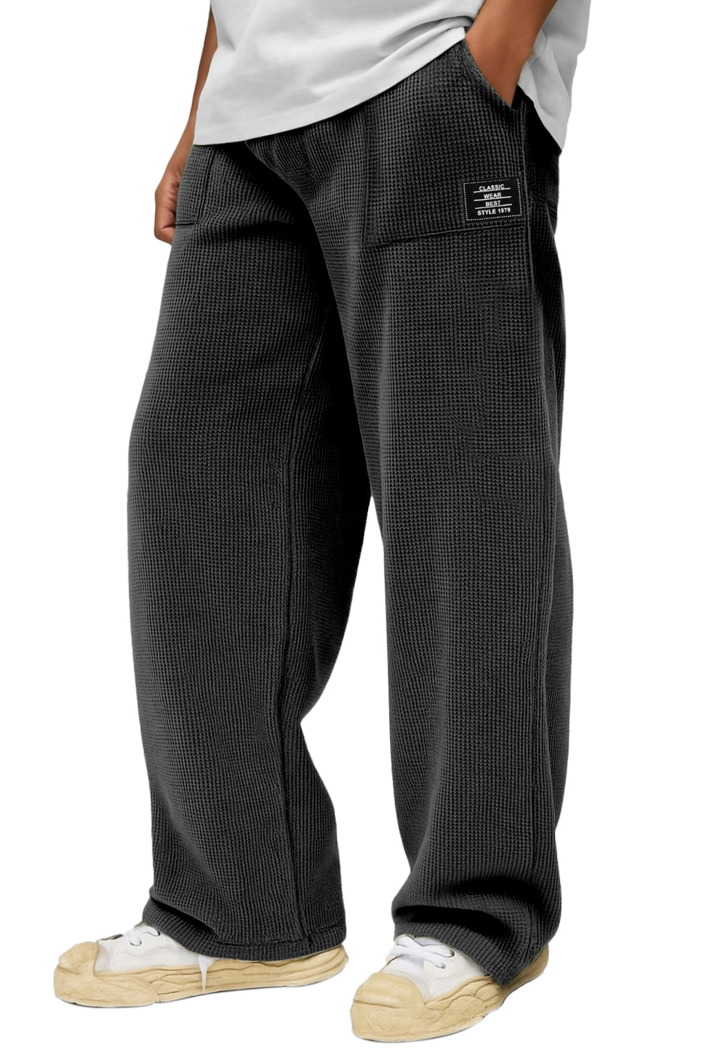 Herren Freizeit Einfarbige Waffel Taschen Lockere Hose-deurabatt