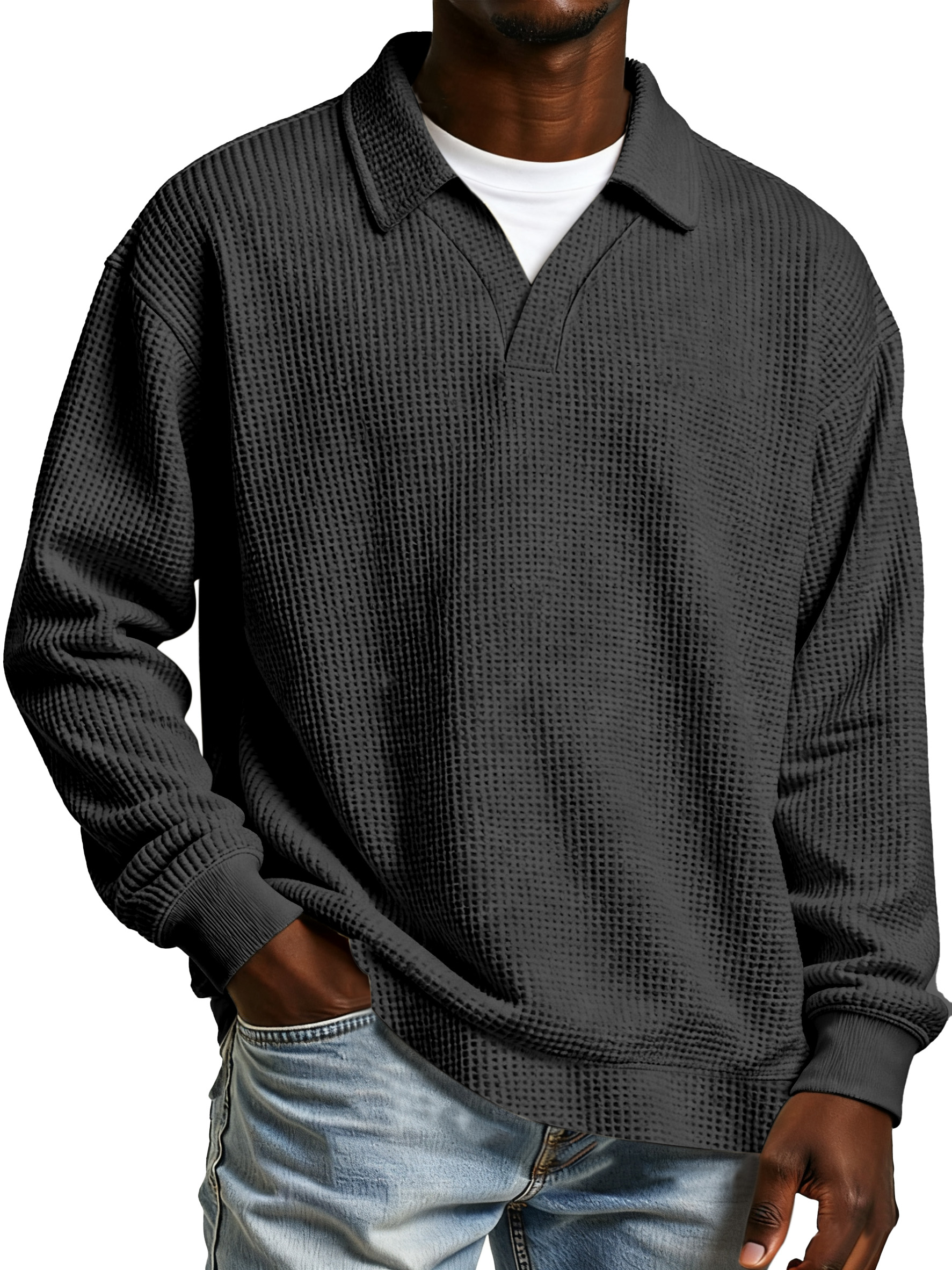 Herren Freizeit Poloshirt mit einfarbigem Waffelmuster, Fake-Zweiteiler, mit Revers und langen Ärmeln-ZierMode