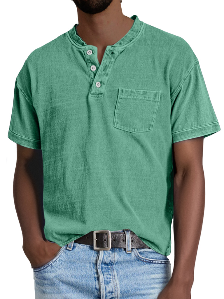 Herren Retro Freizeit Einfarbige Taschen Kurzarm Henley Shirt-deurabatt
