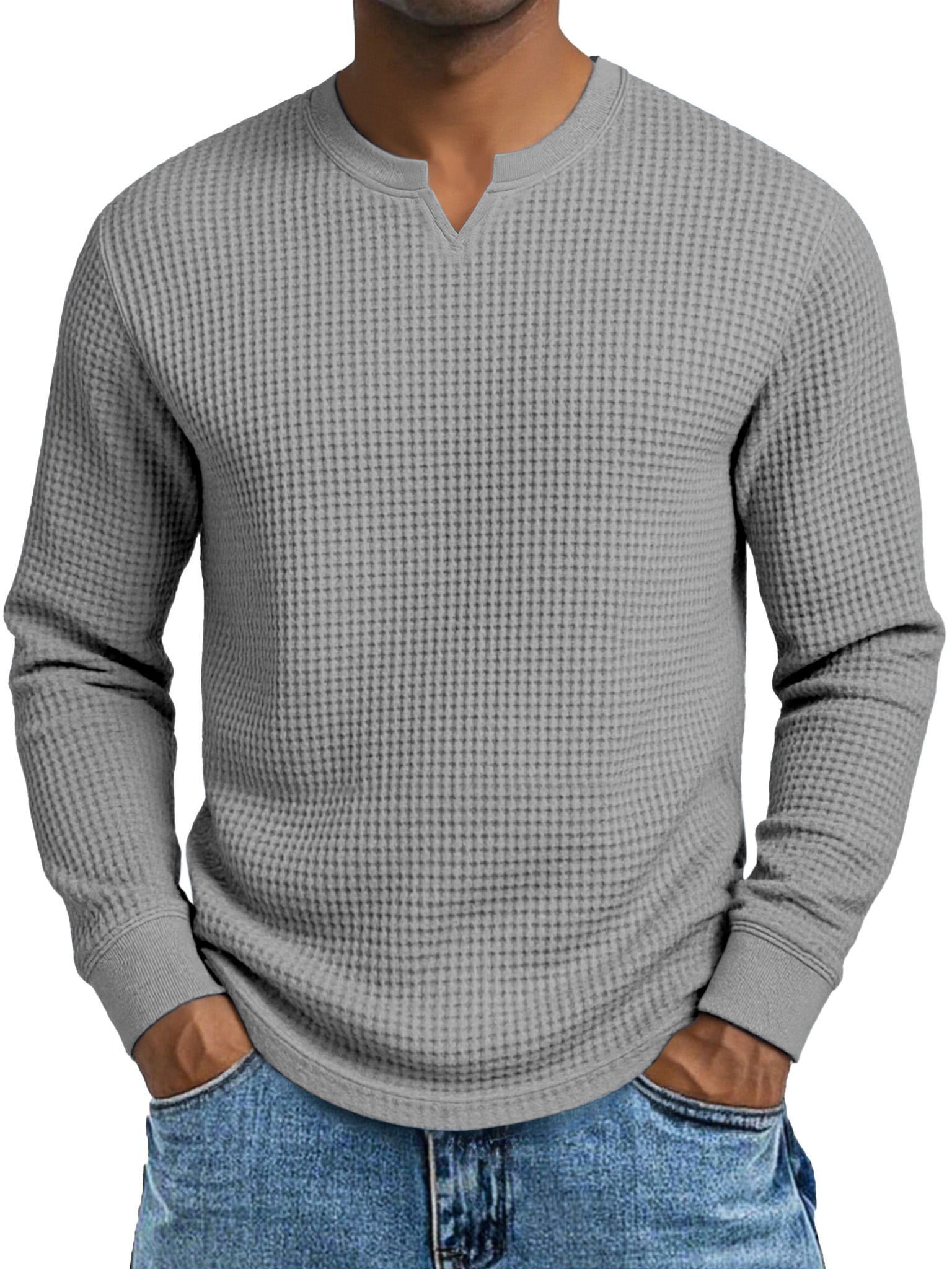 Herren Einfaches Lässiges Waffelkleid Kleiner V-Ausschnitt Langarm T-Shirt-deurabatt