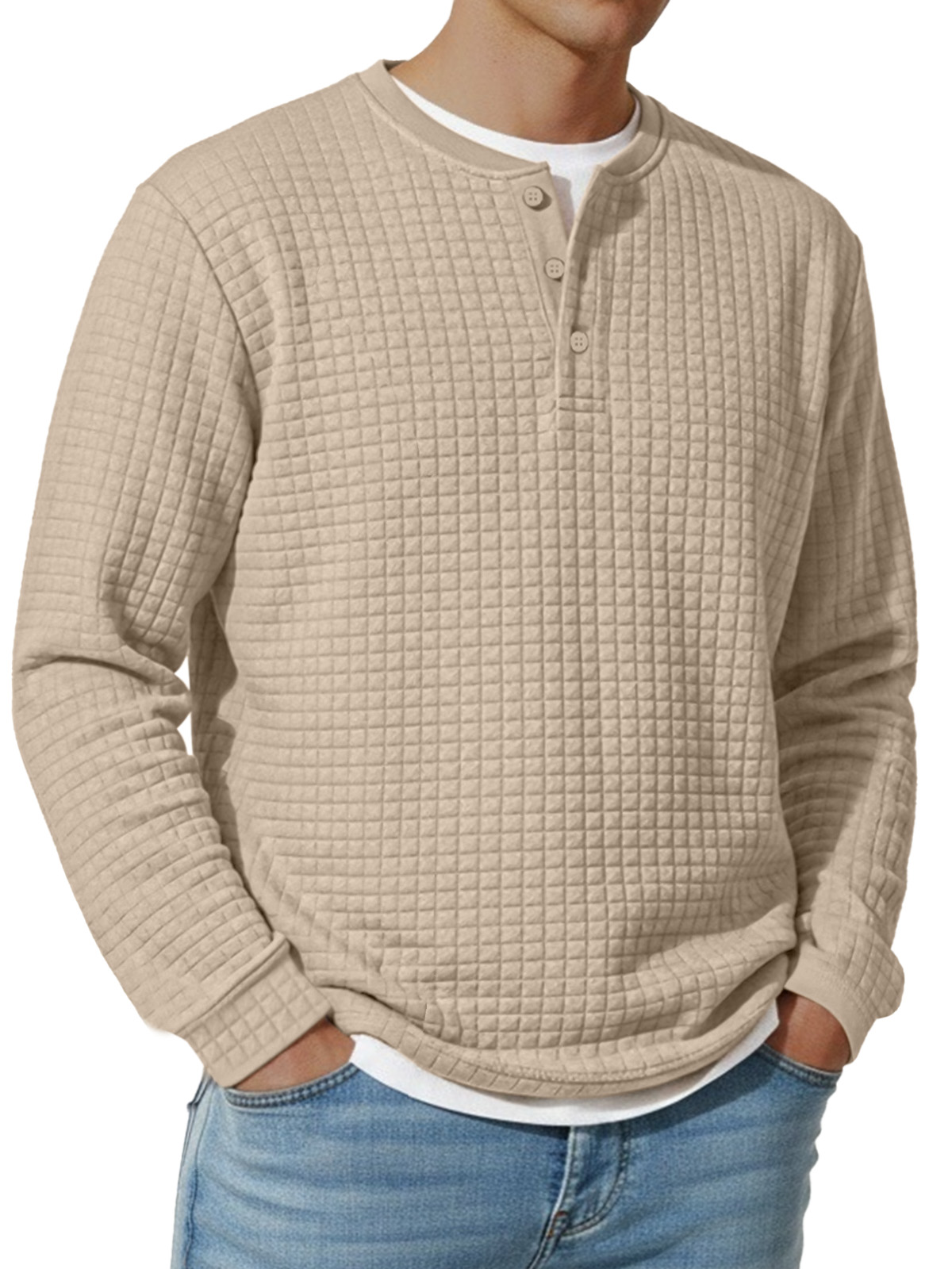 Herren Jacquard Waffel Knopf Henley Langarm Vintage Unterhemd T-Shirt-deurabatt