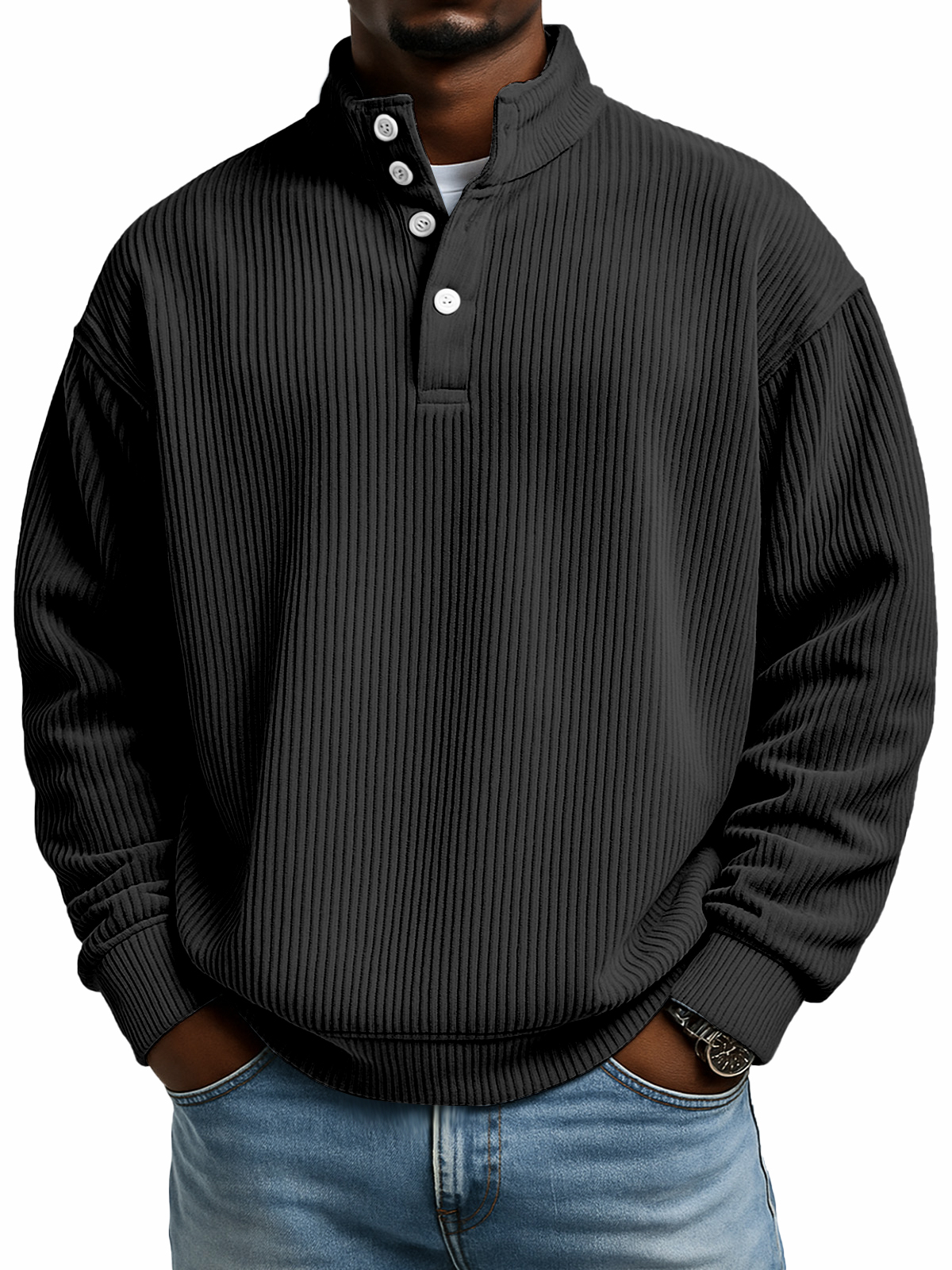 Einfacher lässiger einfarbiger vertikaler gerippter Textur mit vier Knöpfen Stehkragen Langarm-Sweatshirt-ZierMode