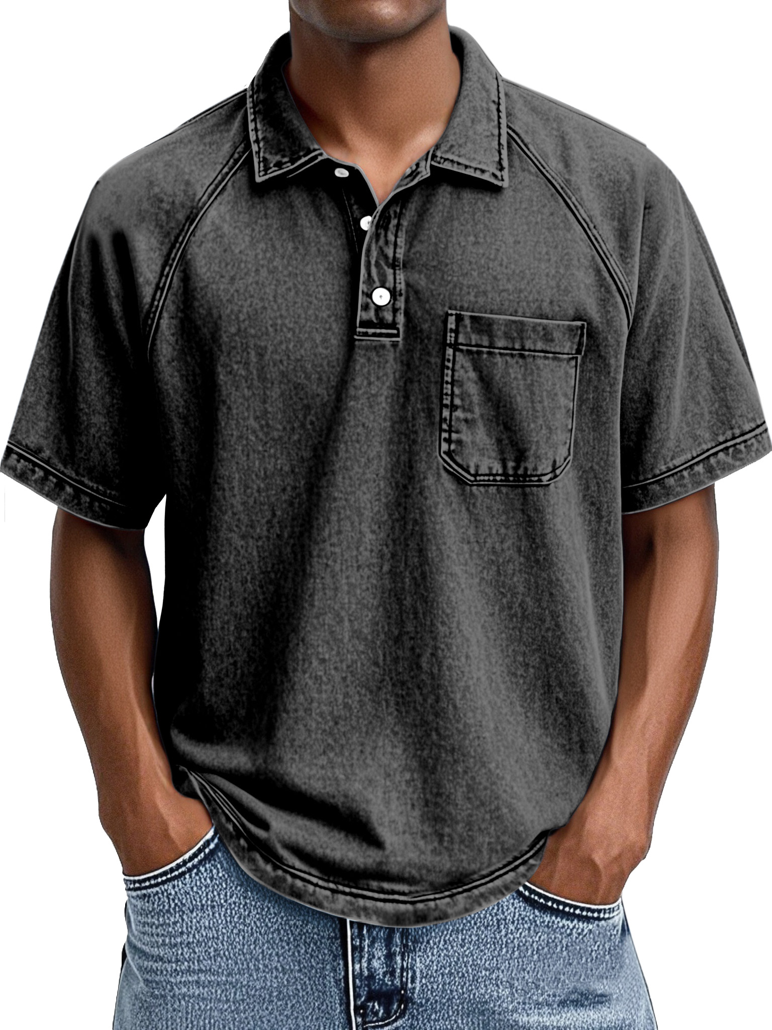 Herren Retro Freizeit Kragen Raglan Kurzarm Polohemd-deurabatt
