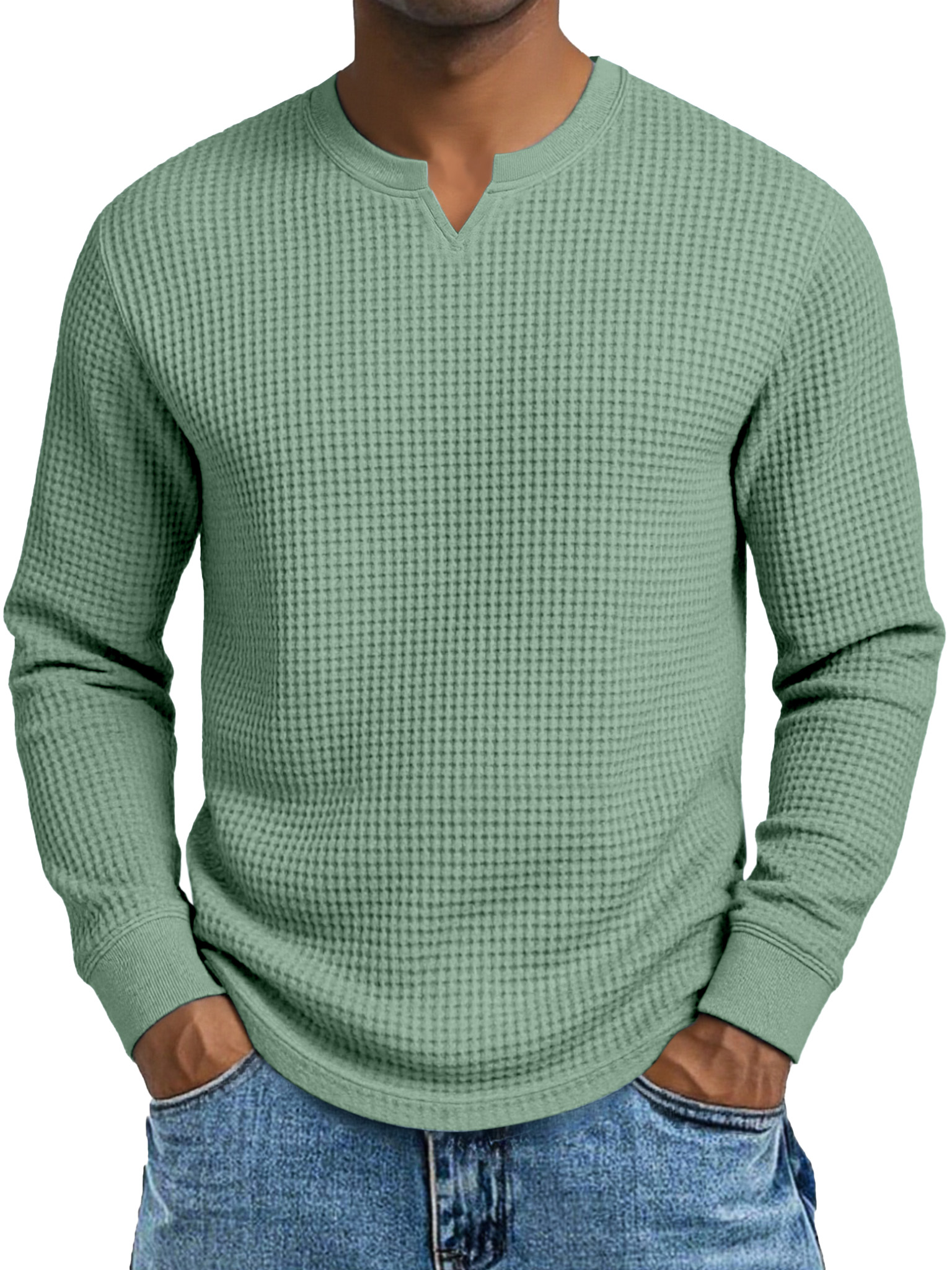 Herren Einfaches Lässiges Waffelkleid Kleiner V-Ausschnitt Langarm T-Shirt-deurabatt