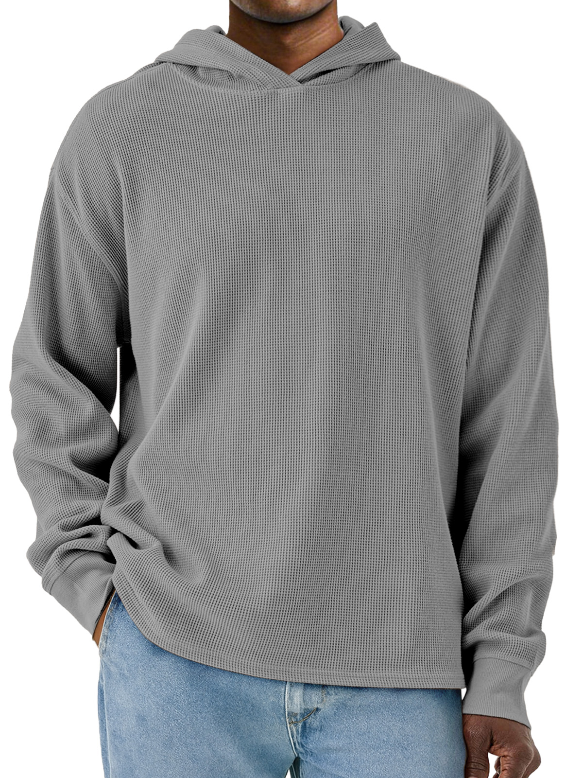Herren Einfacher Unifarbener Waffel Langarm Kapuzenpullover-deurabatt