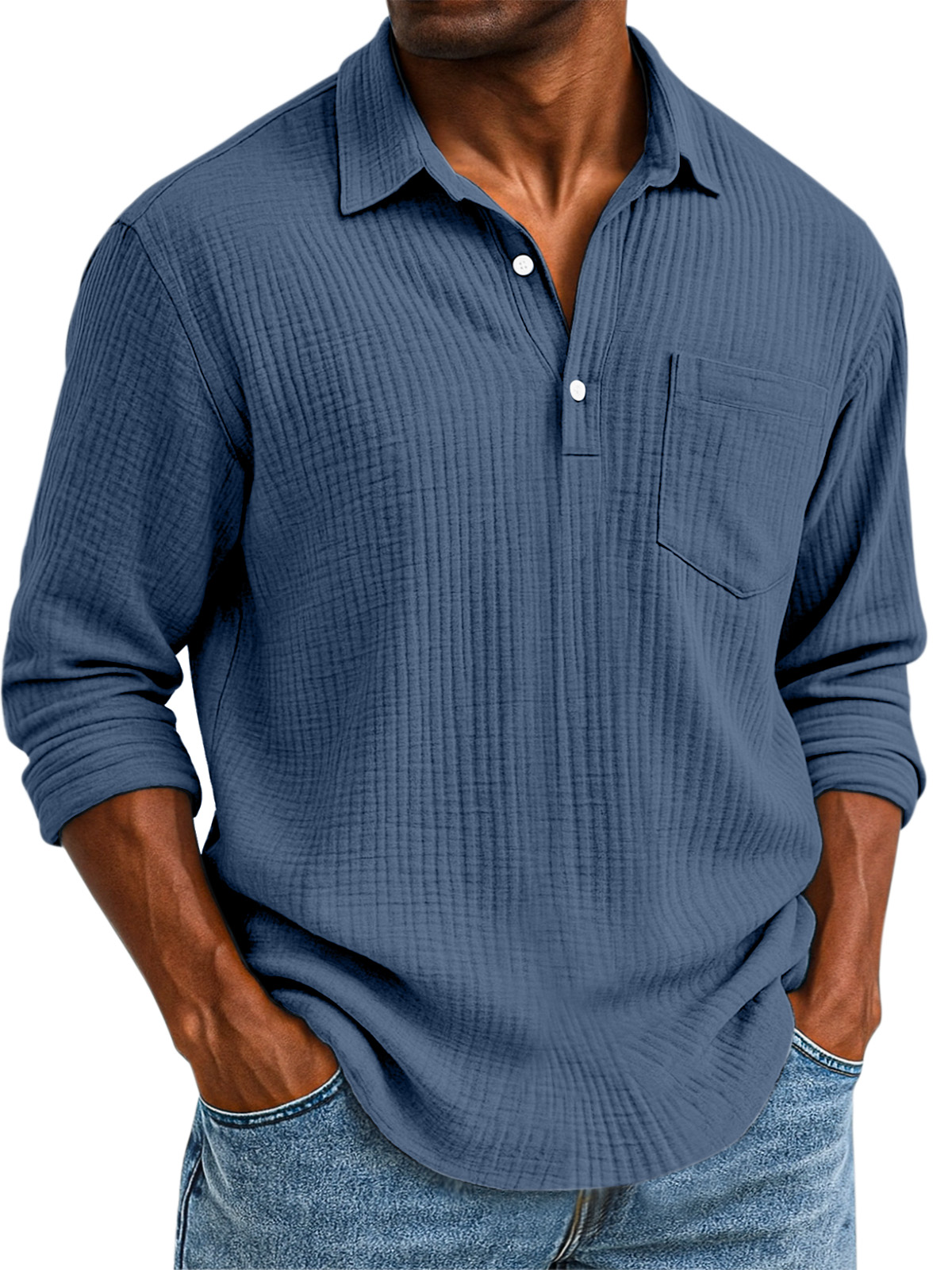 Herren Daily Casual Einfarbig Texturiertes Knopf Langarm Polohemd-deurabatt