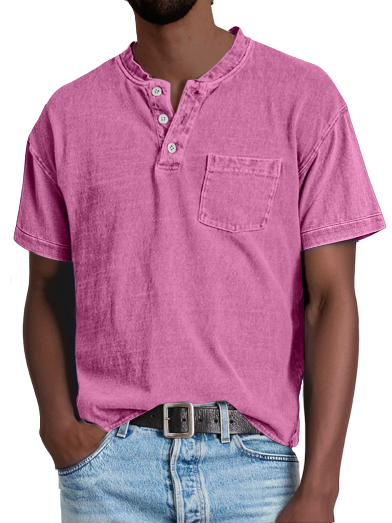 Herren Retro Freizeit Einfarbige Taschen Kurzarm Henley Shirt-deurabatt