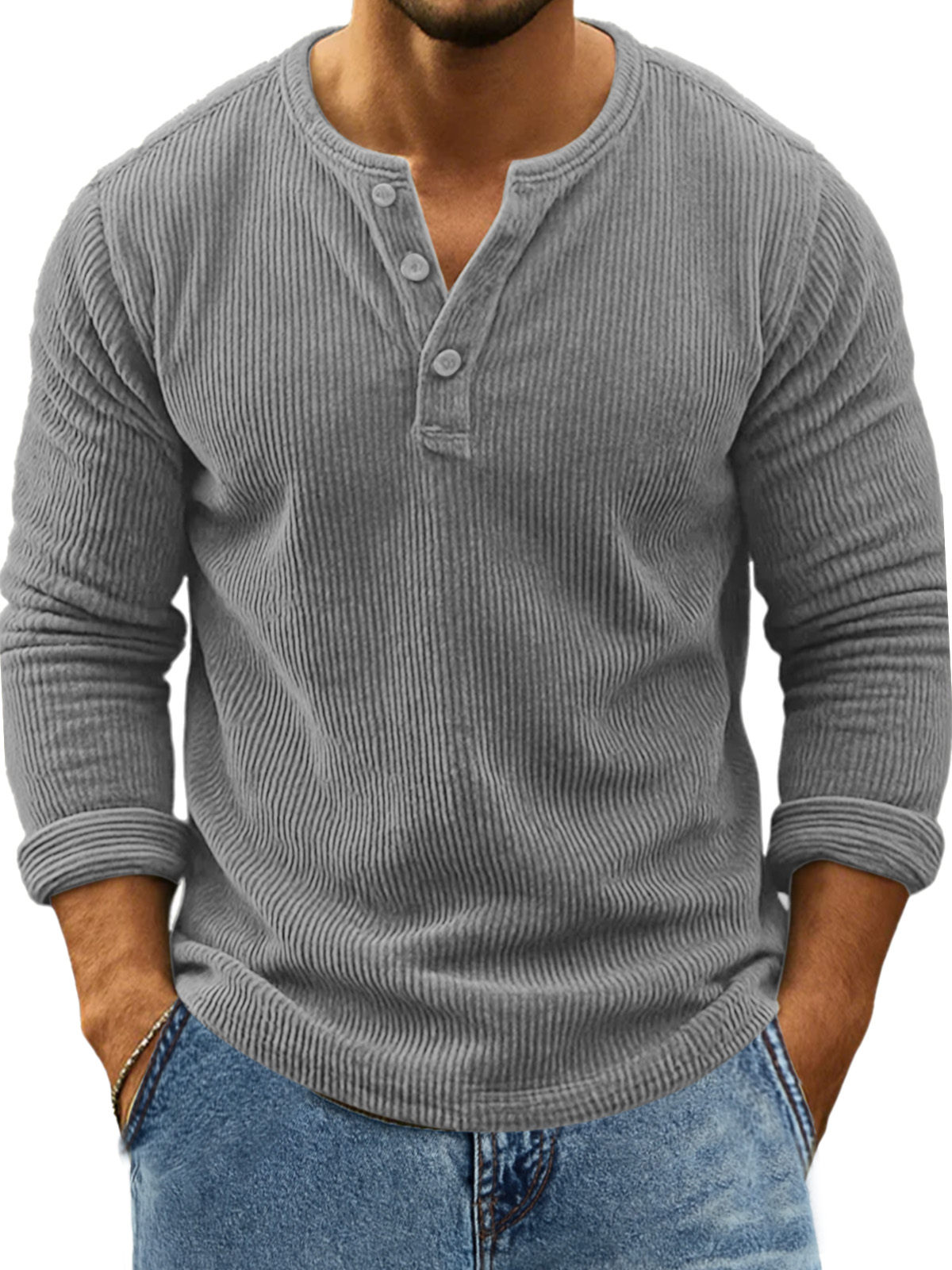 Herren Retro Alltag Einfarbig Vertikale Pit Streifen Langarm Henley Shirt-deurabatt