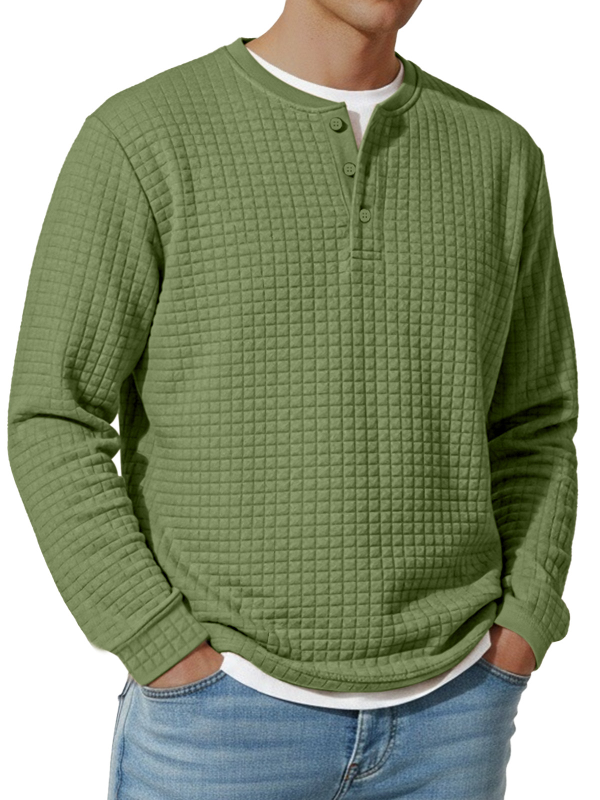 Herren Jacquard Waffel Knopf Henley Langarm Vintage Unterhemd T-Shirt-deurabatt