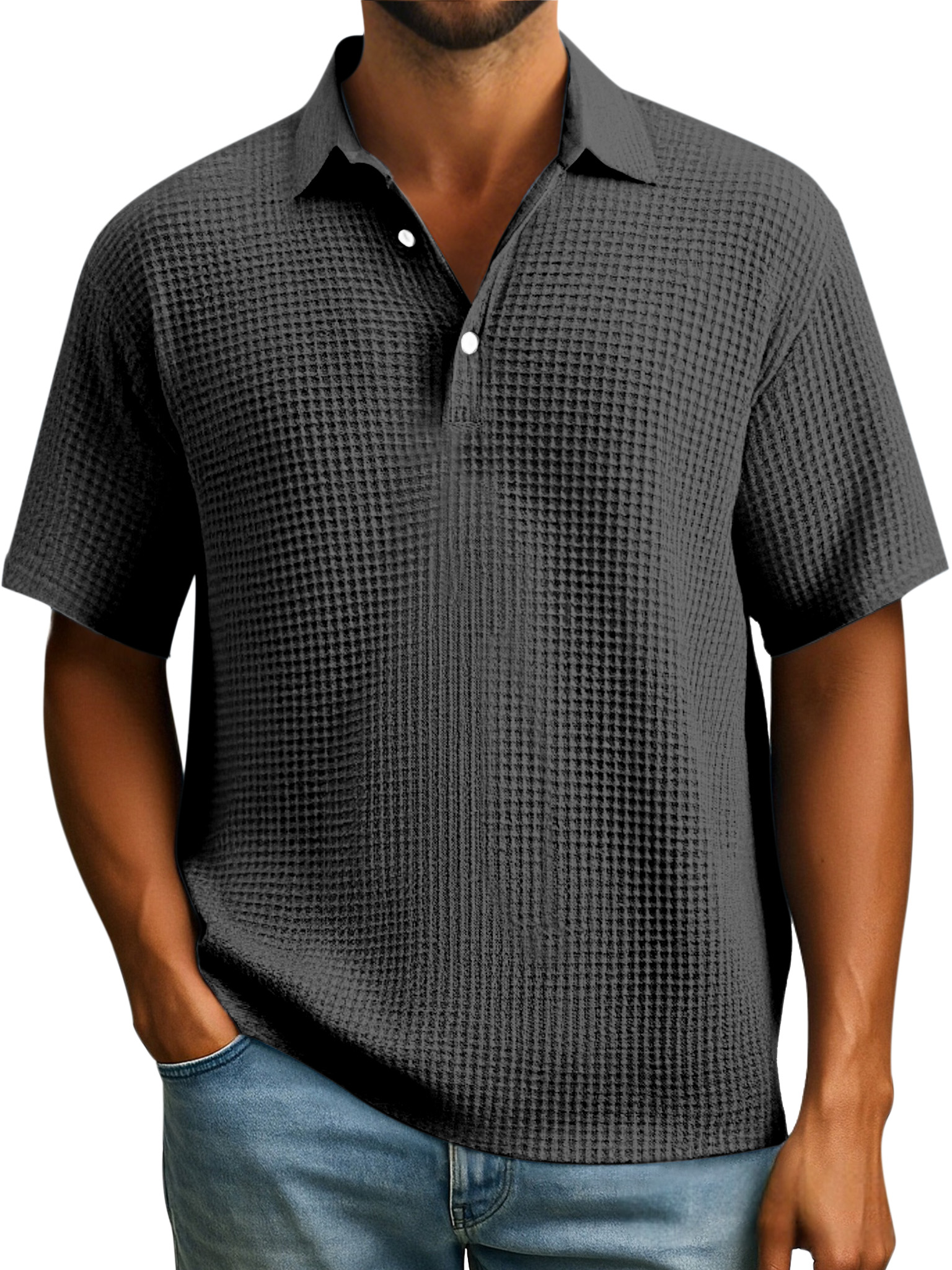 Herren Einfaches Alltags-Poloshirt mit Waffelknopf und Revers in einfarbigem Design mit kurzen Ärmeln-ZierMode