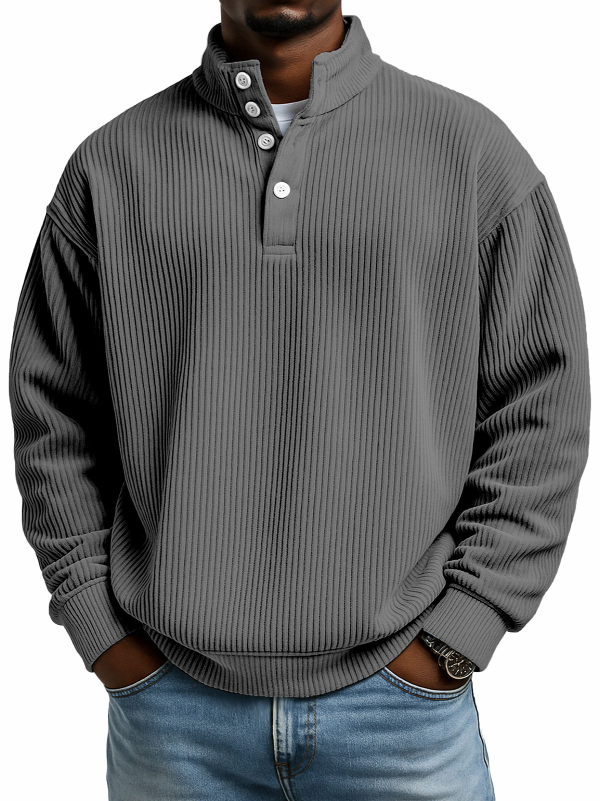 Einfacher lässiger einfarbiger vertikaler gerippter Textur mit vier Knöpfen Stehkragen Langarm-Sweatshirt-ZierMode